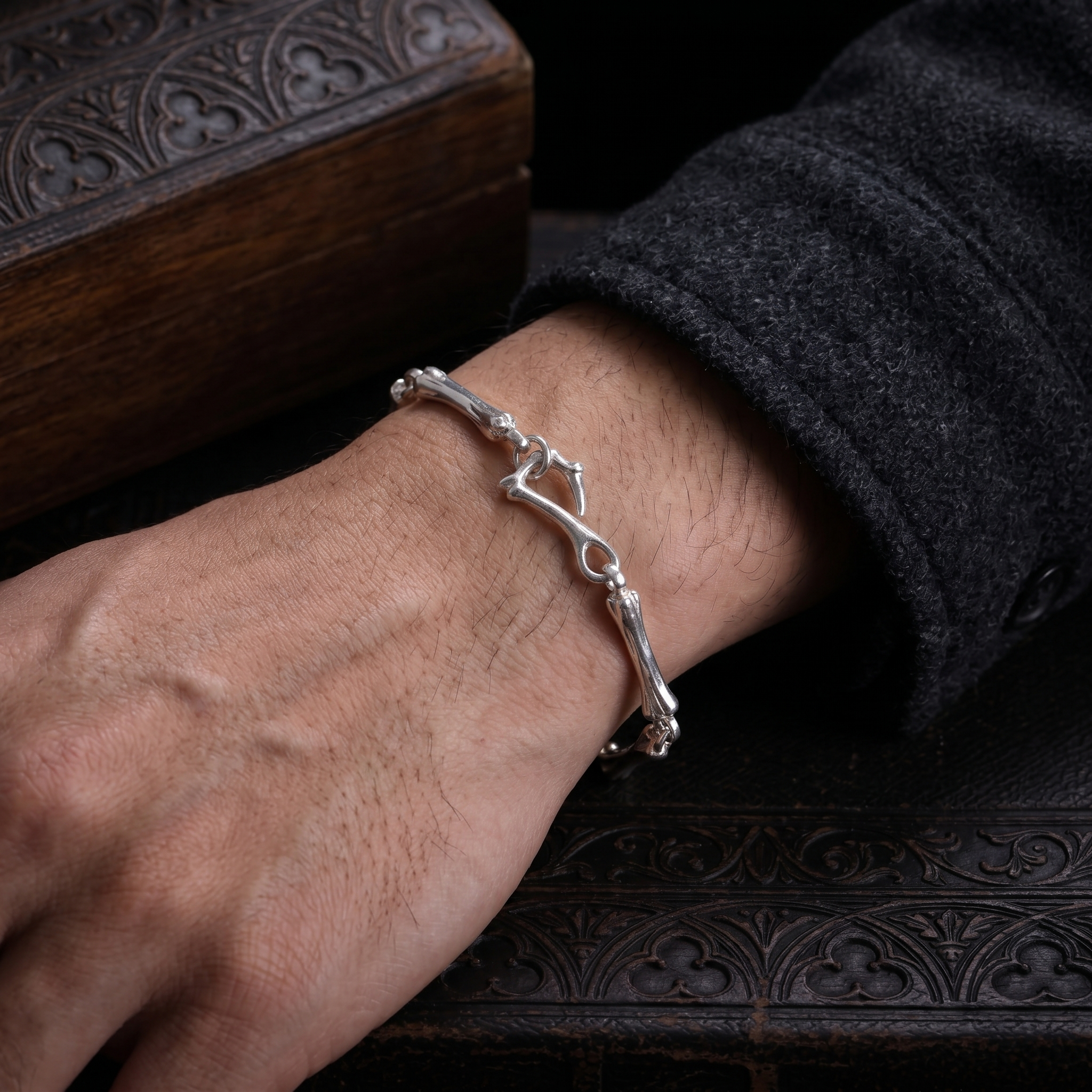 925 Sterling Silver Skeleton Bone Link Bracelet, Dark Mythic Bone Hook Clasp Minimalist Wristband