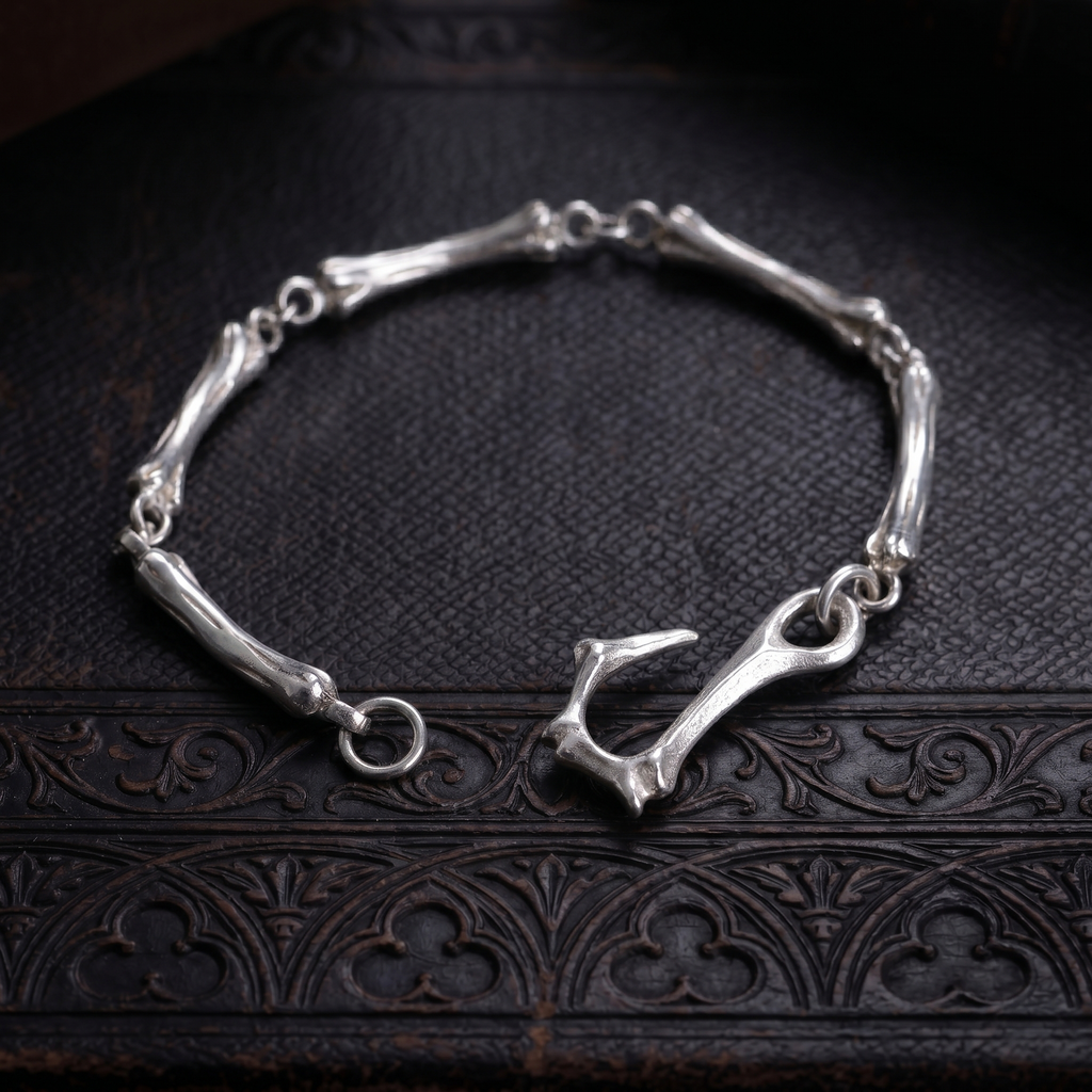 925 Sterling Silver Skeleton Bone Link Bracelet, Dark Mythic Bone Hook Clasp Minimalist Wristband
