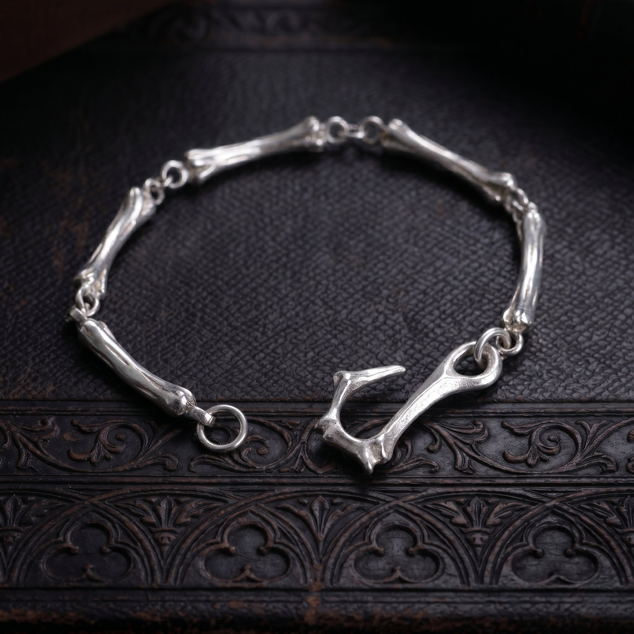 925 Sterling Silver Skeleton Bone Link Bracelet, Dark Mythic Bone Hook Clasp Minimalist Wristband