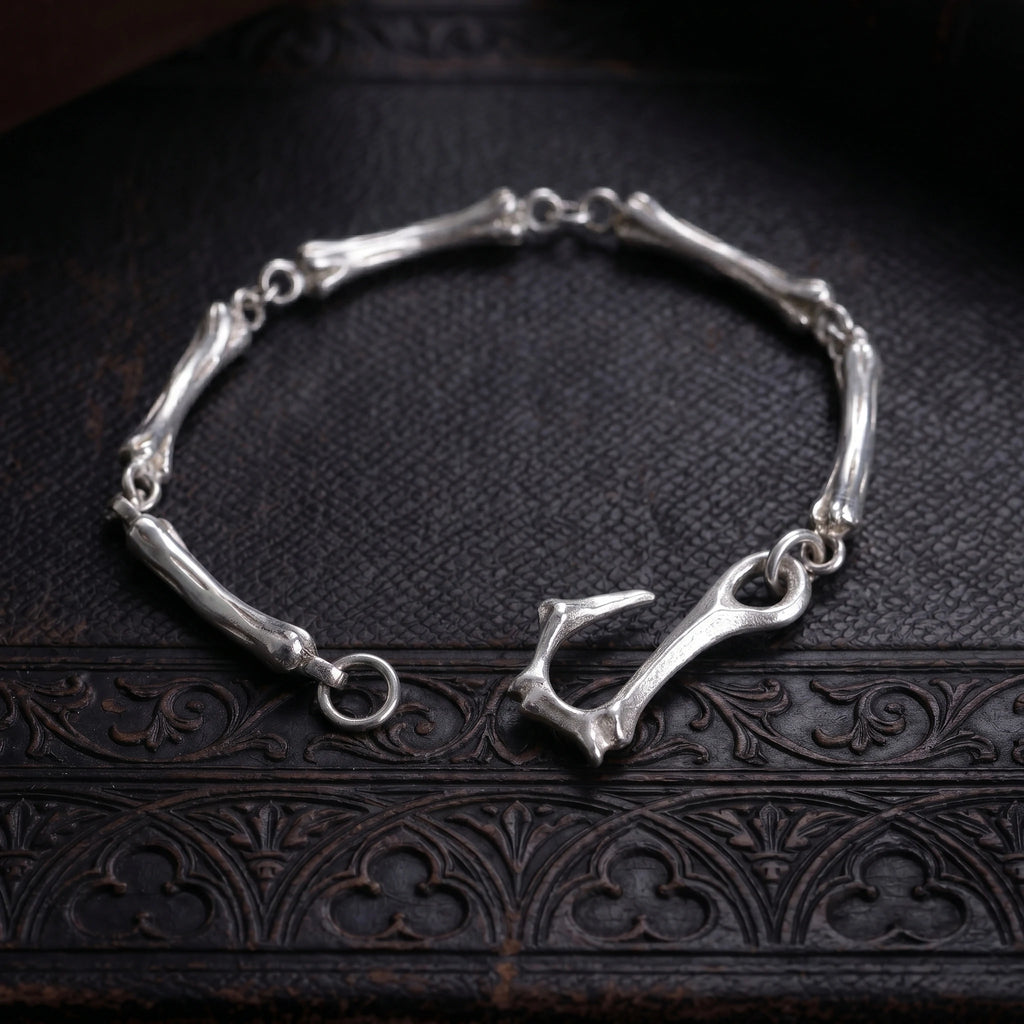 925 Sterling Silver Skeleton Bone Link Bracelet, Dark Mythic Bone Hook Clasp Minimalist Wristband