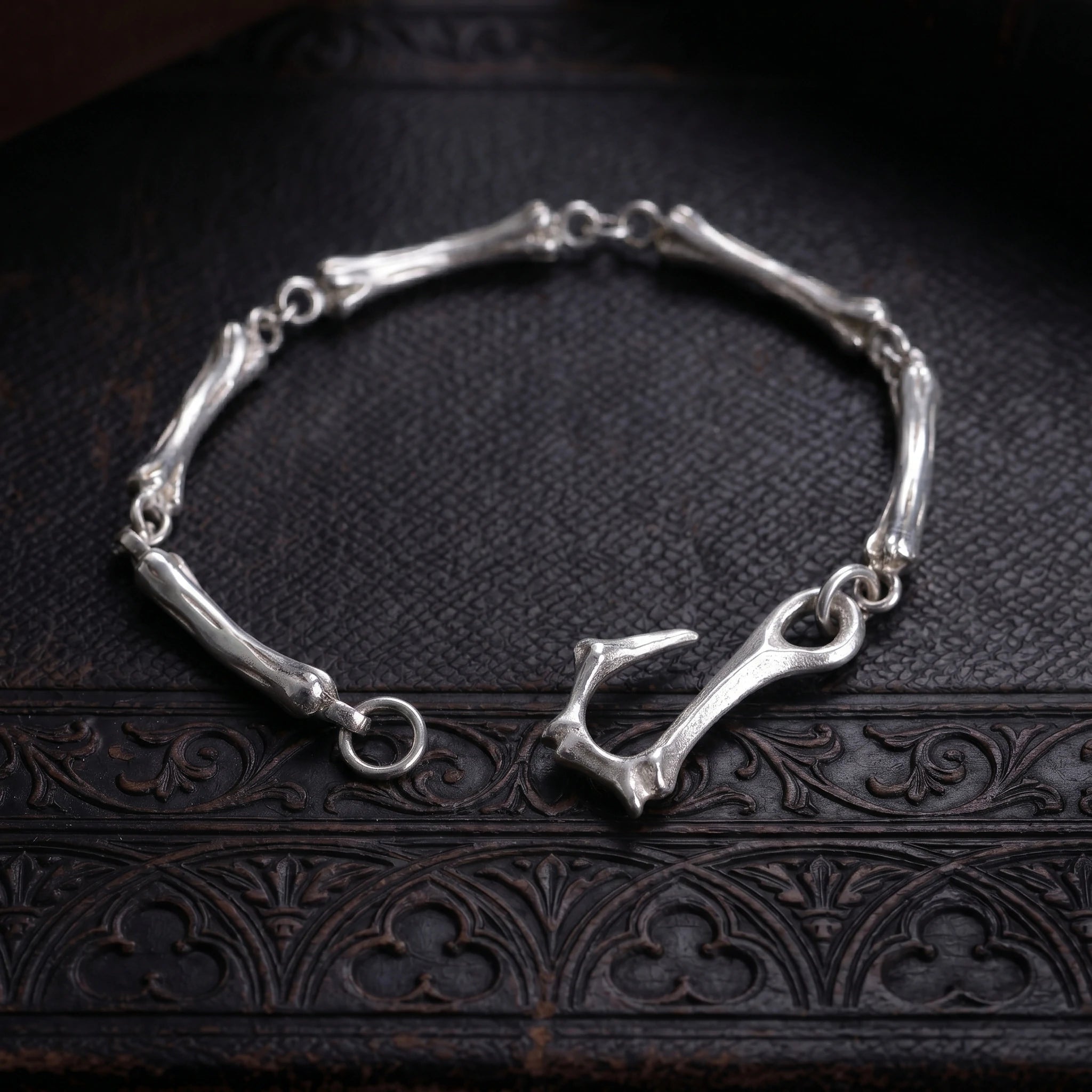925 Sterling Silver Skeleton Bone Link Bracelet, Dark Mythic Bone Hook Clasp Minimalist Wristband