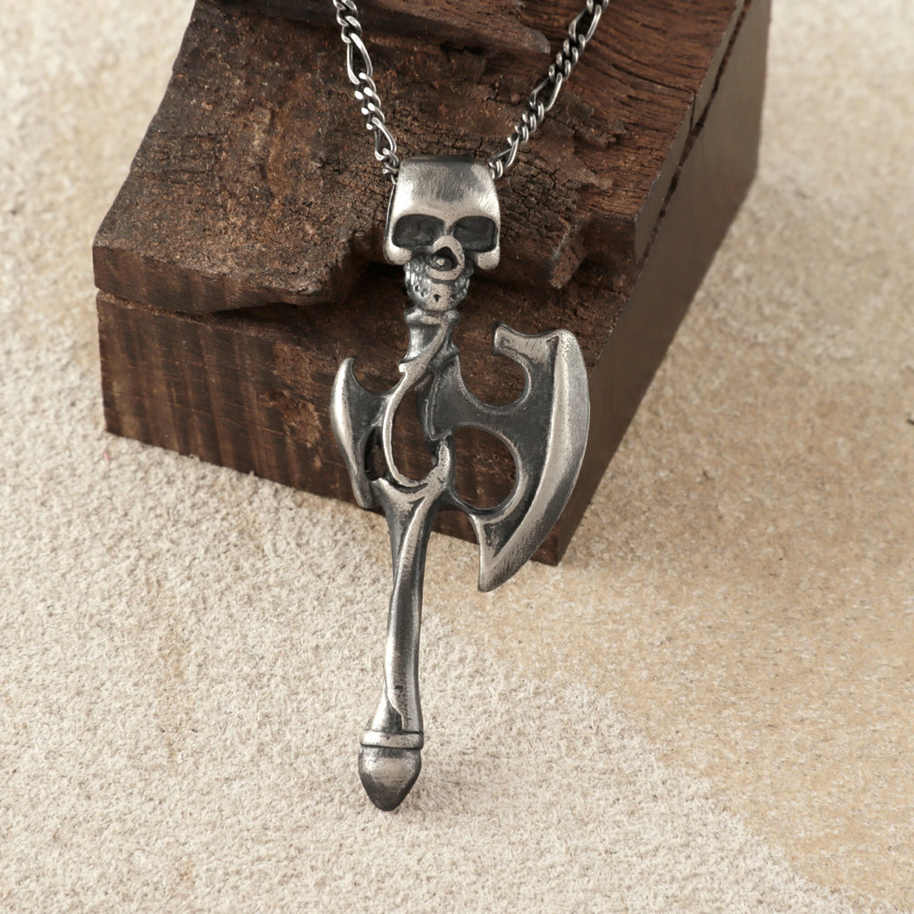 925 Sterling Silver Gothic Skull Battle Axe Durable Viking Warrior Pendant