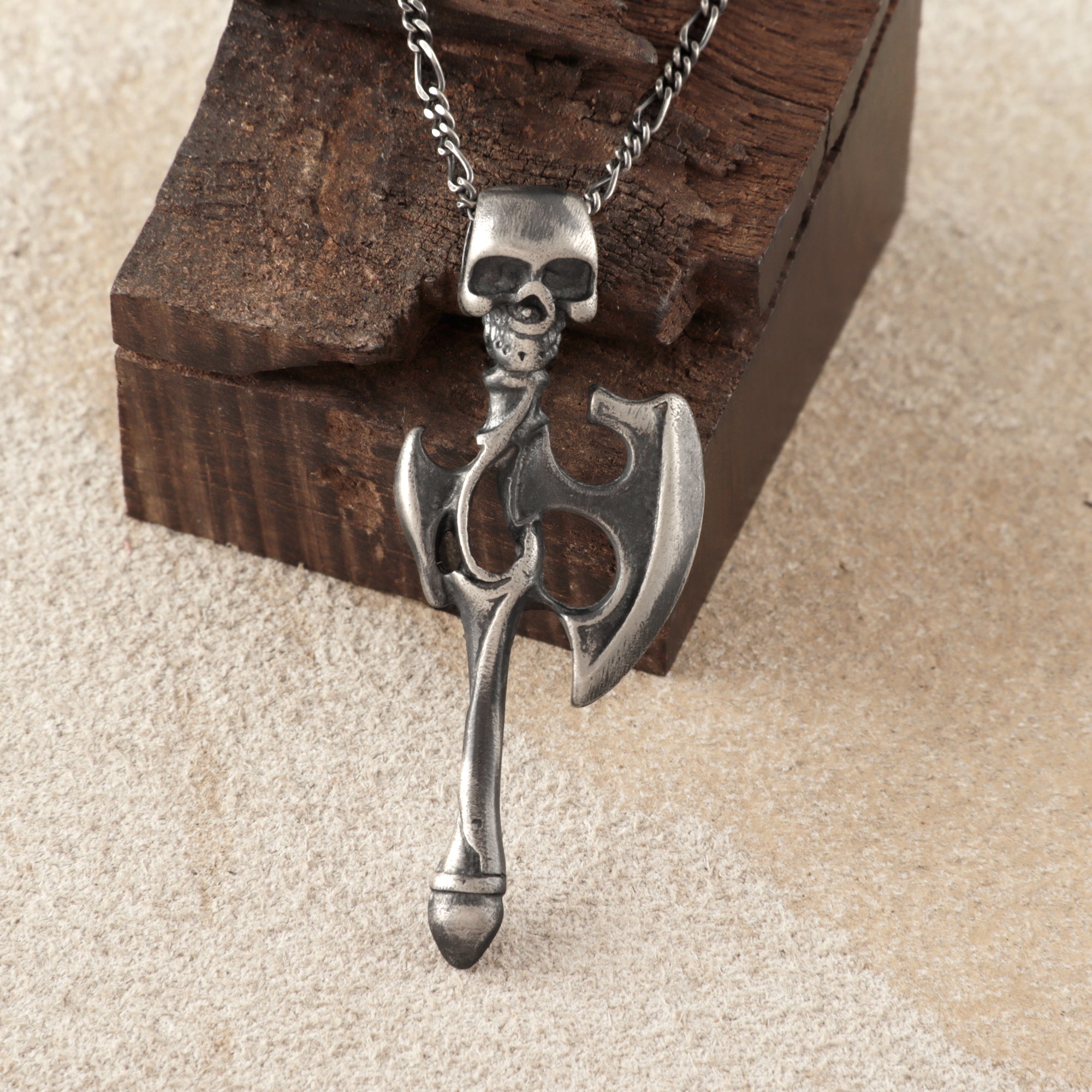925 Sterling Silver Gothic Skull Battle Axe Durable Viking Warrior Pendant