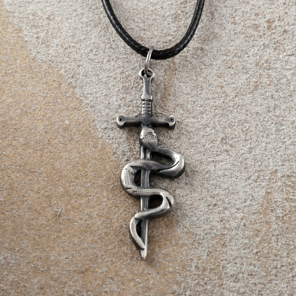 925 Sterling Silver Vintage Durable Snake and Sword Pendant Necklace