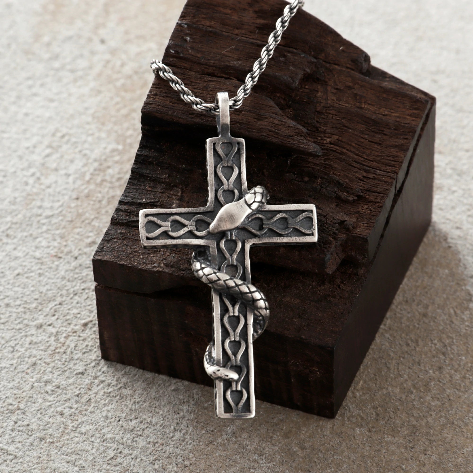 925 Sterling Silver Holy Snake Cross Durable Spiritual Faith Pendant Necklace