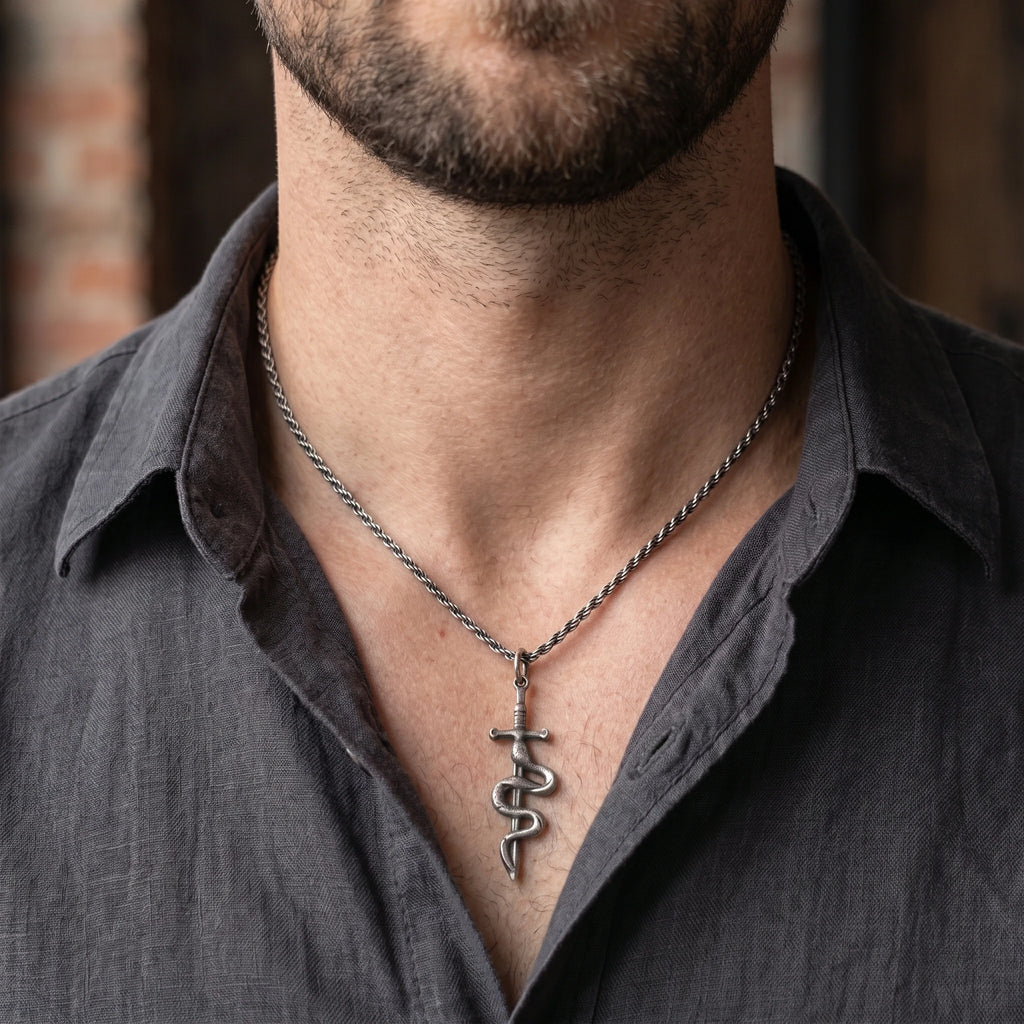 925 Sterling Silver Vintage Durable Snake and Sword Pendant Necklace