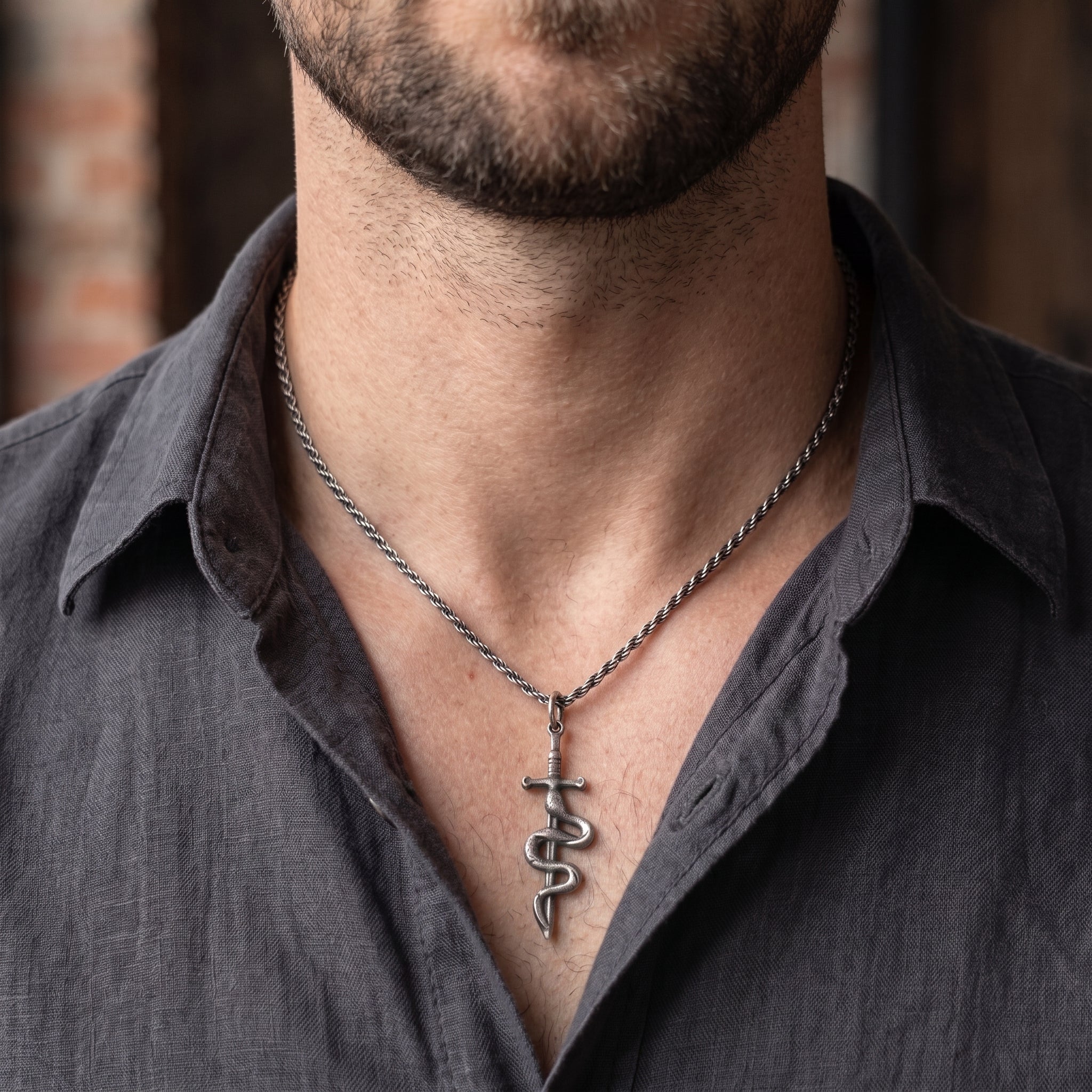 925 Sterling Silver Vintage Durable Snake and Sword Pendant Necklace