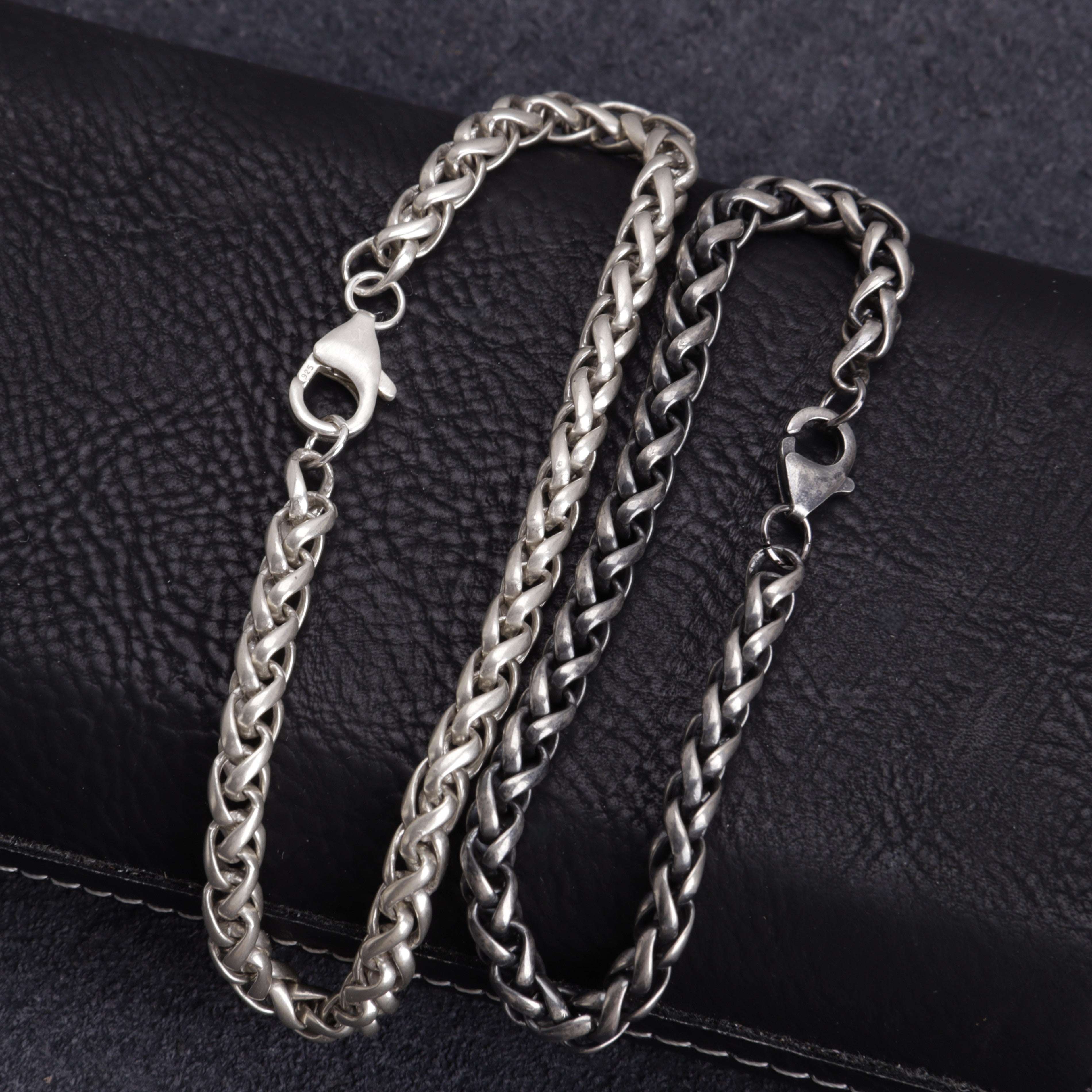 Unisex Sterling Silver Wheat Chain Anklet | Oxidized & Polished
