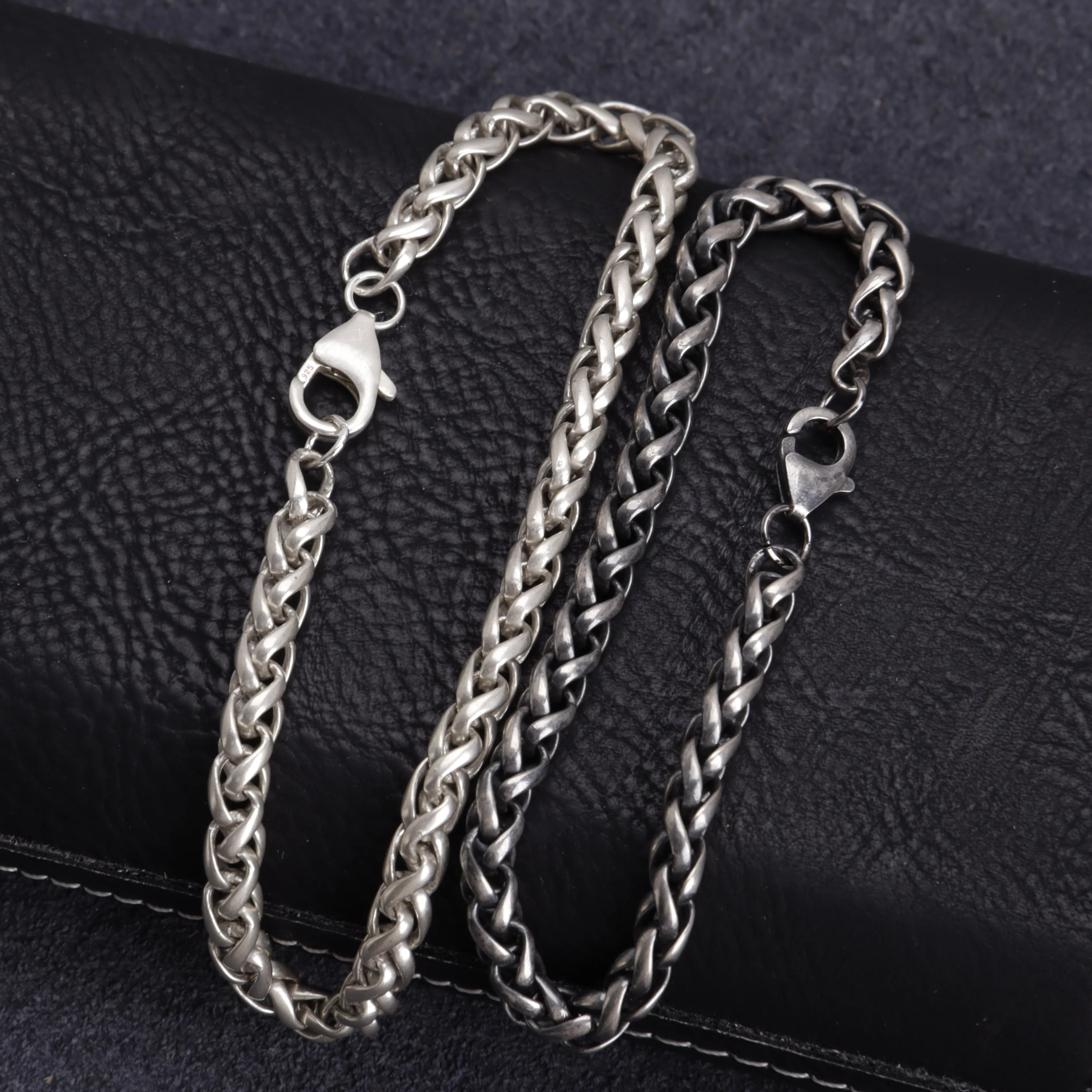 Unisex 925 Sterling Silver Wheat Chain Anklet | Oxidized & Polished