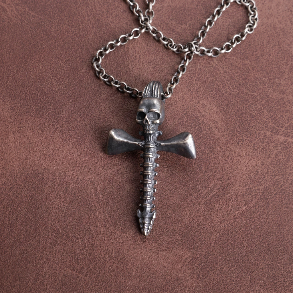 925 Sterling Silver Skull Spine Cross Pendant Symbolizing Victory Over Death And Faith