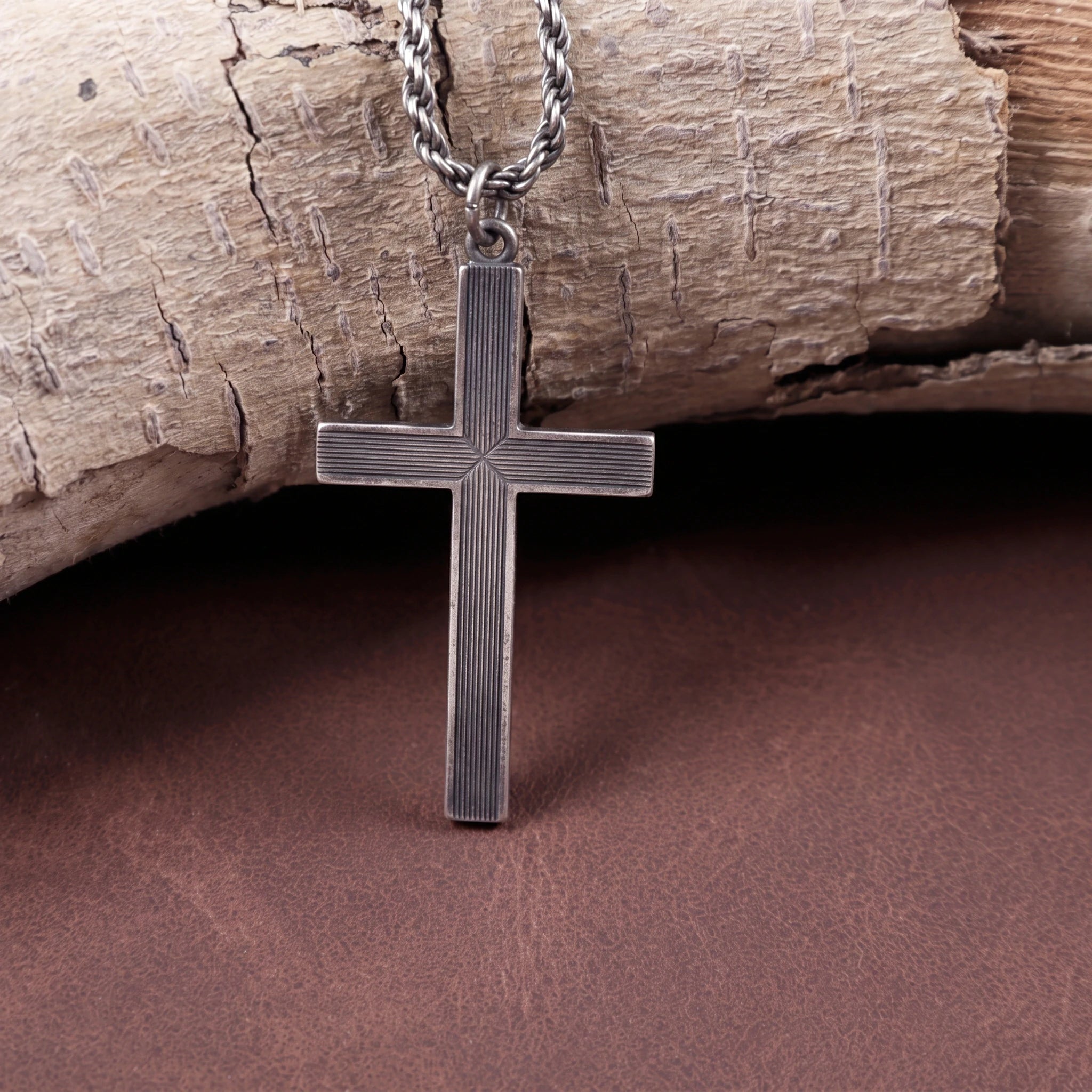 925 Sterling Silver Linear Grooved Cross Durable Custom Engravable Pendant