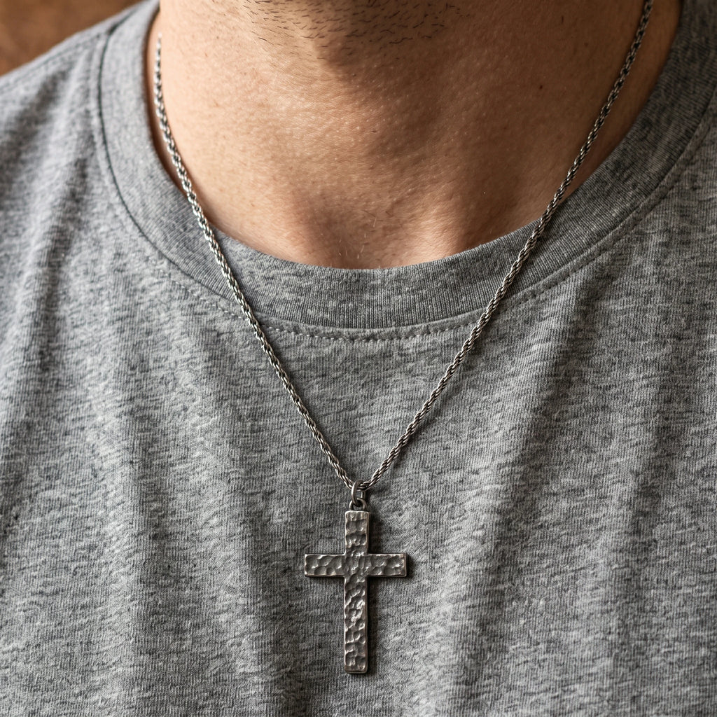 925 Sterling Silver Hammered Cross Durable Faith Pendant Necklace Gift