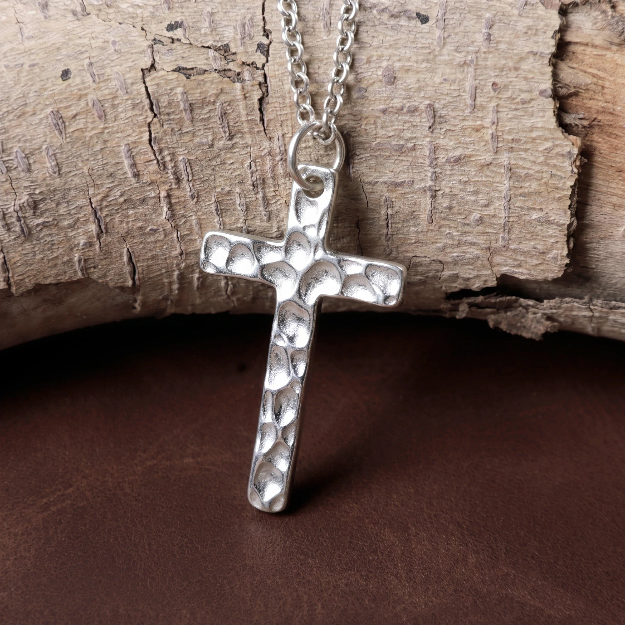 925 Sterling Silver Hammered Cross Durable Faith Protection Necklace