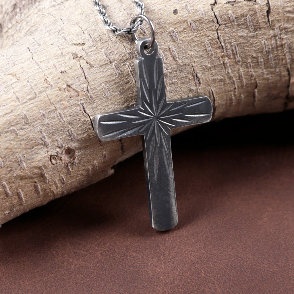 925 Sterling Silver Sunburst Cross Durable Custom Engravable Pendant Necklace