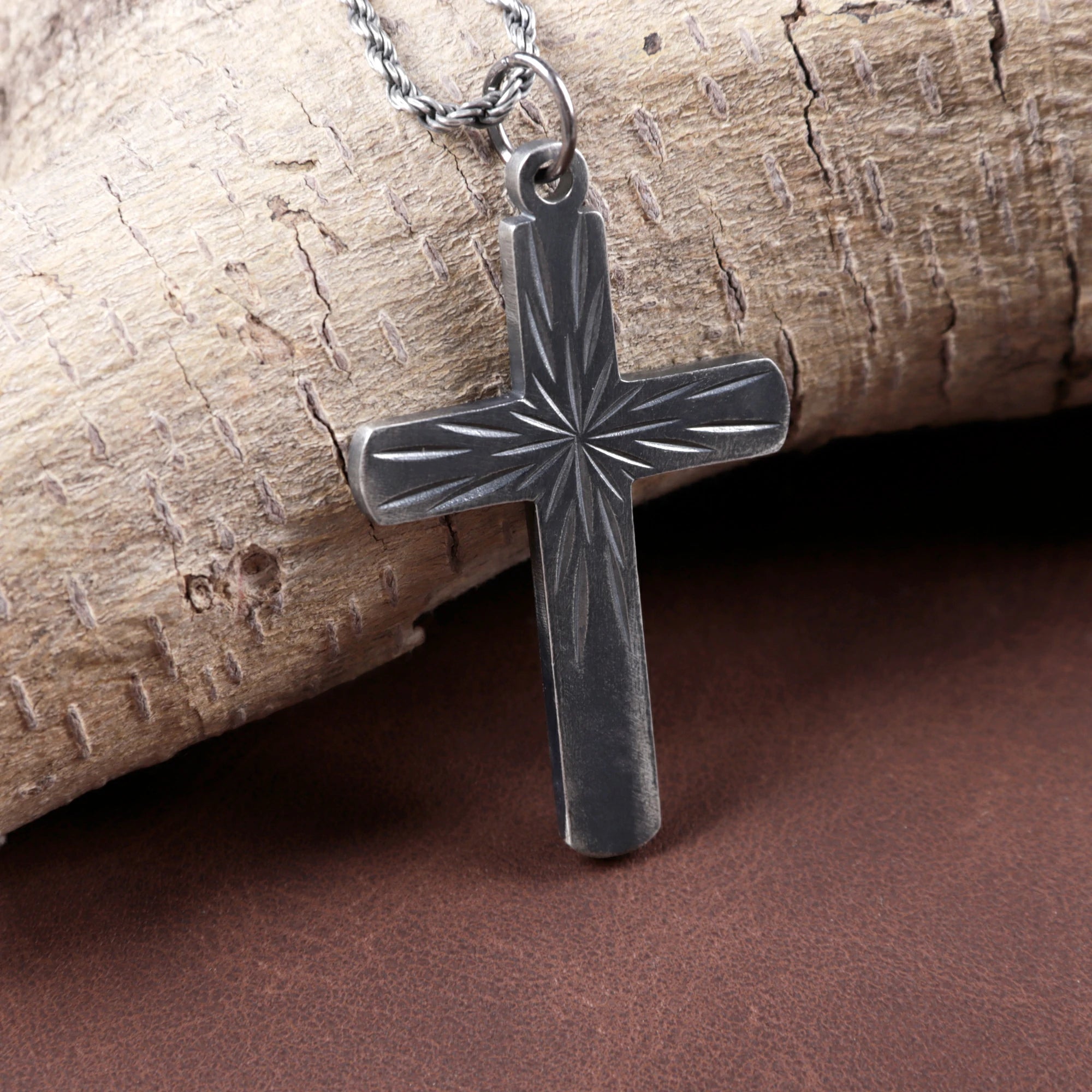 925 Sterling Silver Sunburst Cross Durable Custom Engravable Pendant Necklace