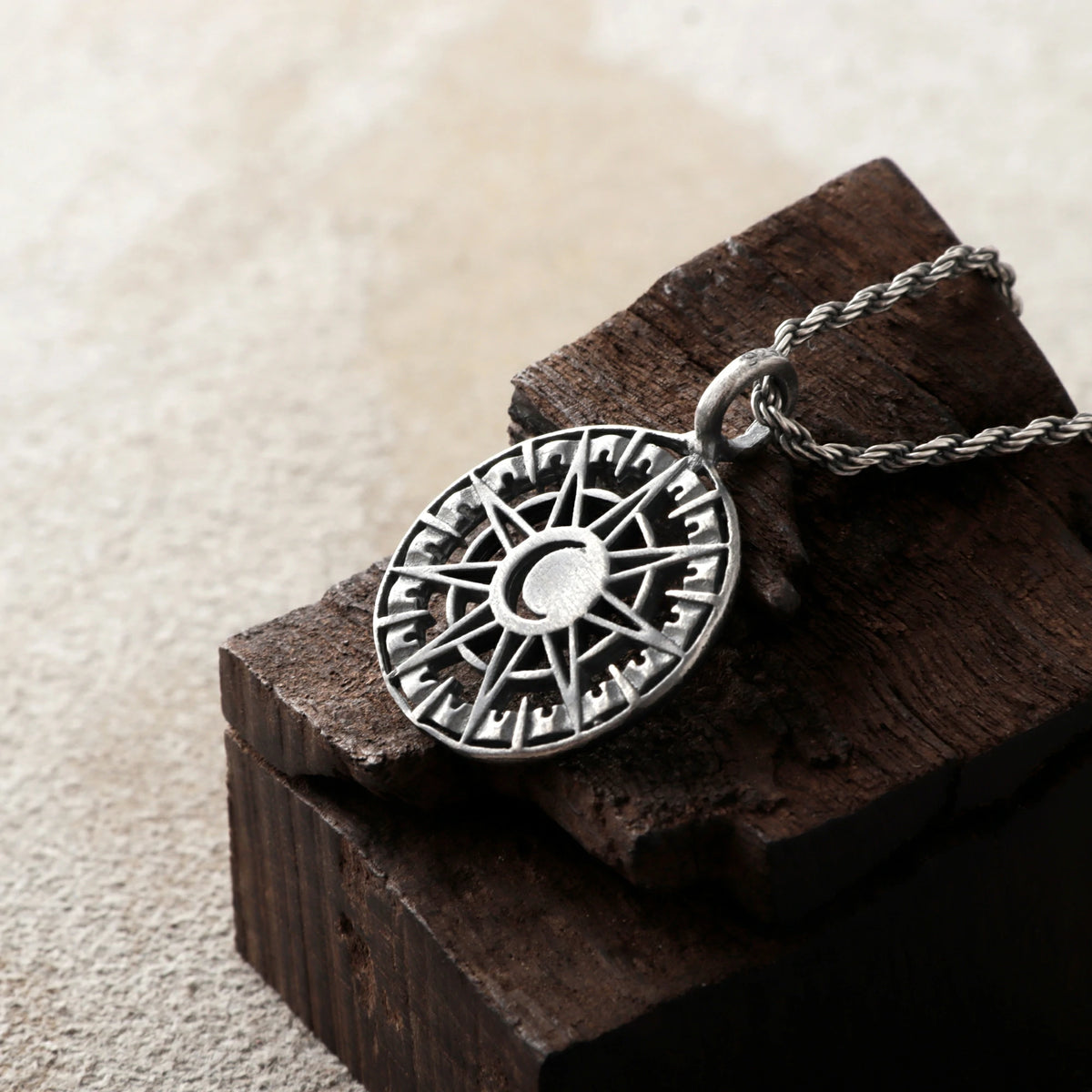 925 Sterling Silver Sun and Moon Pendant Necklace, Celestial Compass Astrolabe Jewelry