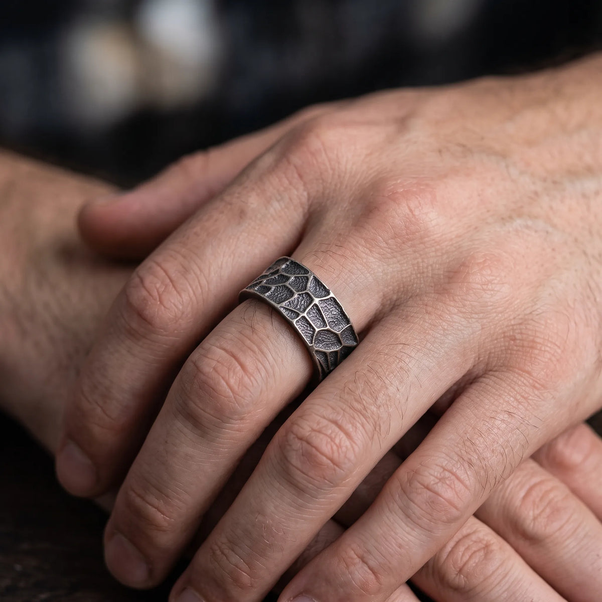 Personalized Textured Solid 925 Sterling Silver Ring, Engraved Rustic Band for Men