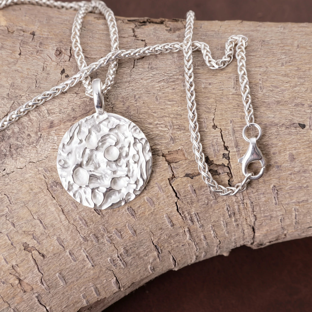 925 Sterling Silver Engravable Lunar Surface Moon Pendant With Cosmic Textured Edge