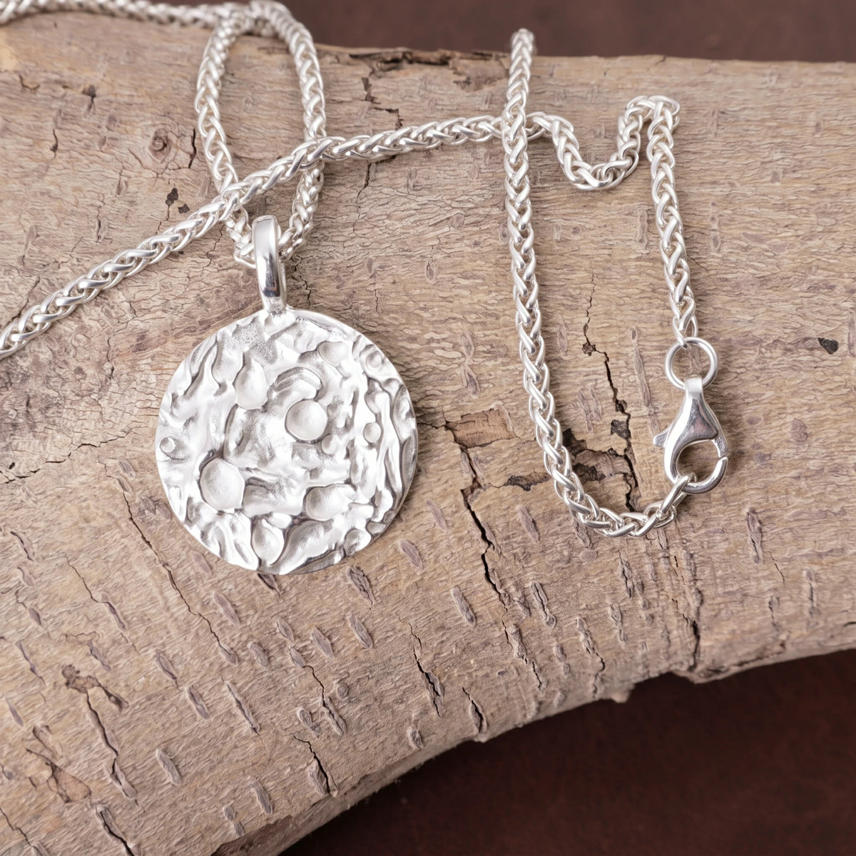 925 Sterling Silver Engravable Lunar Surface Moon Pendant With Cosmic Textured Edge