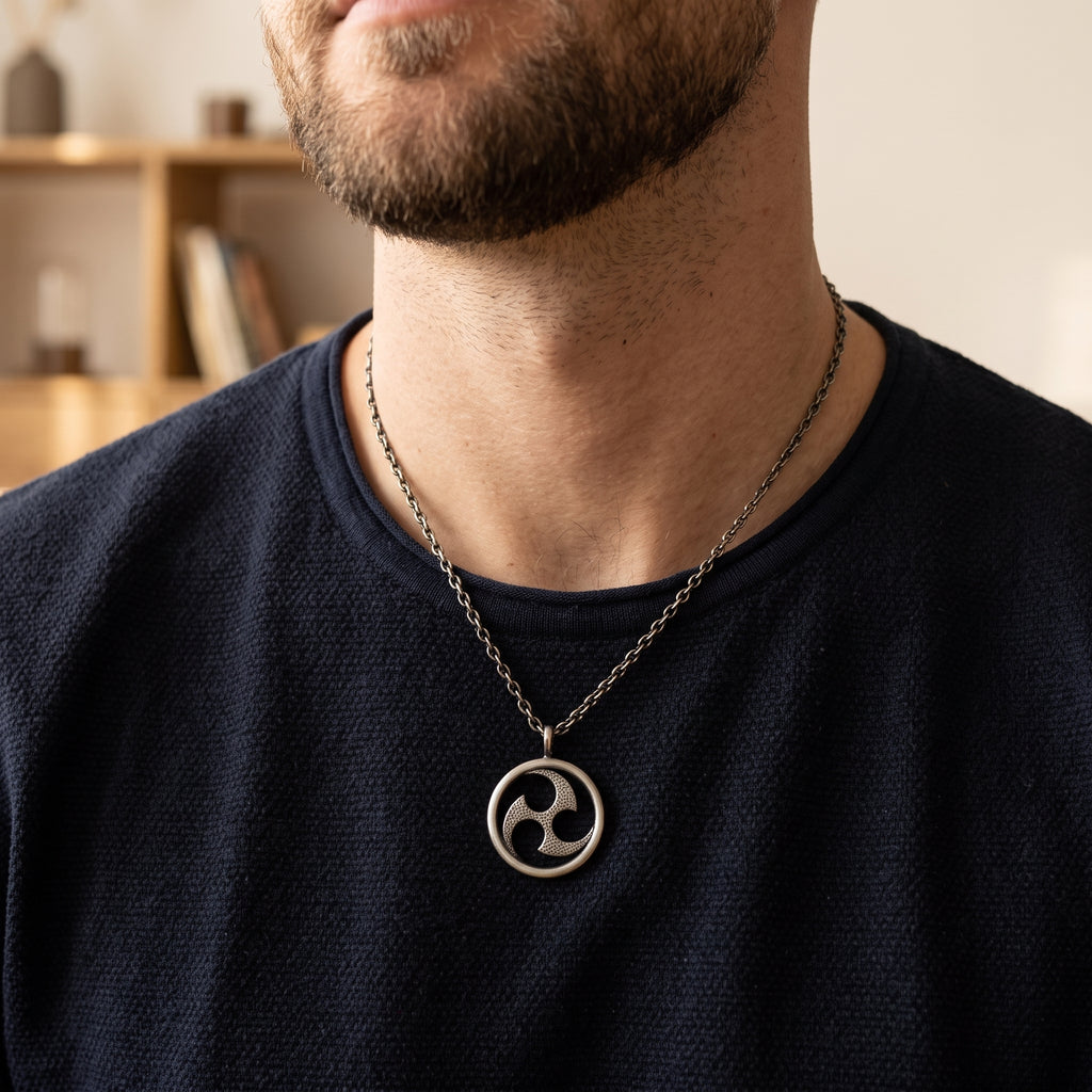 925 Sterling Silver Mitsutomoe Pendant Necklace, Vintage Hammered Tomoe Jewelry