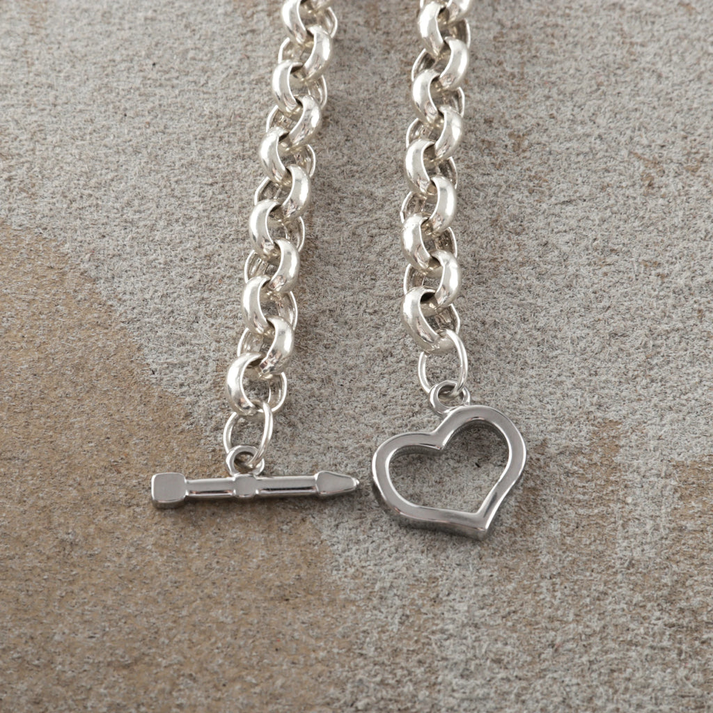 925 Sterling Silver Cupid's Arrow Heart Toggle Clasp Rolo Chain Bracelet
