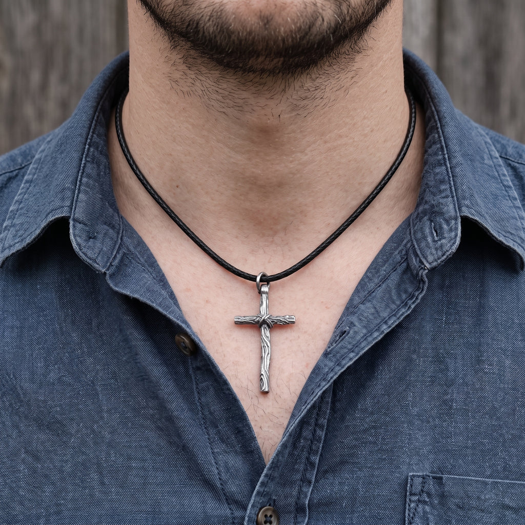 Living Branch Sacred Wood Cross , Textured 925 Sterling Silver Faith Necklace