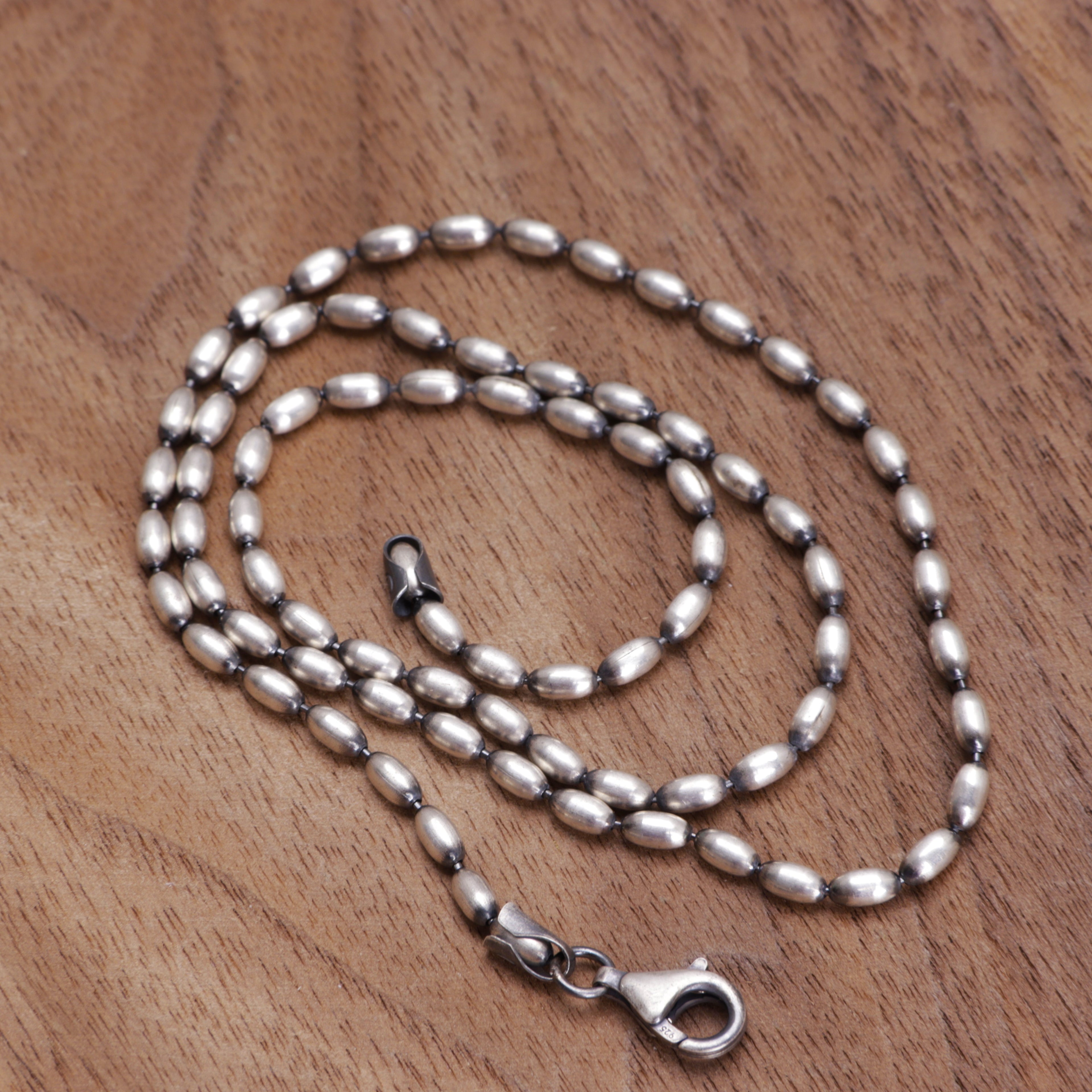 Women's 925 Sterling Silver Oval Rice Bead Chain Necklace