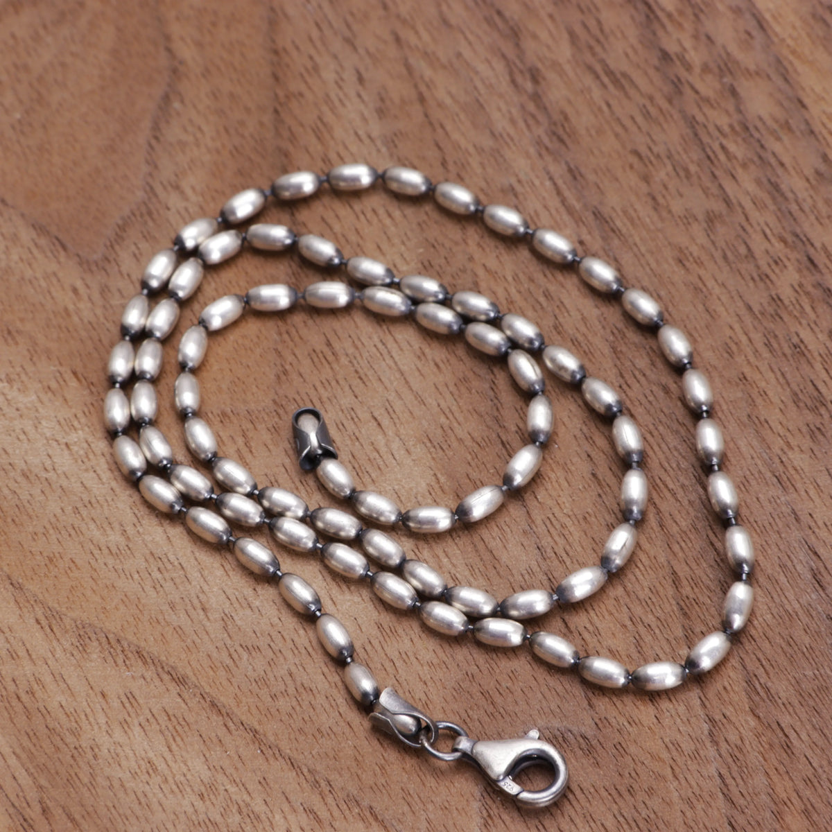 Women's 925 Sterling Silver Oval Rice Bead Chain Necklace