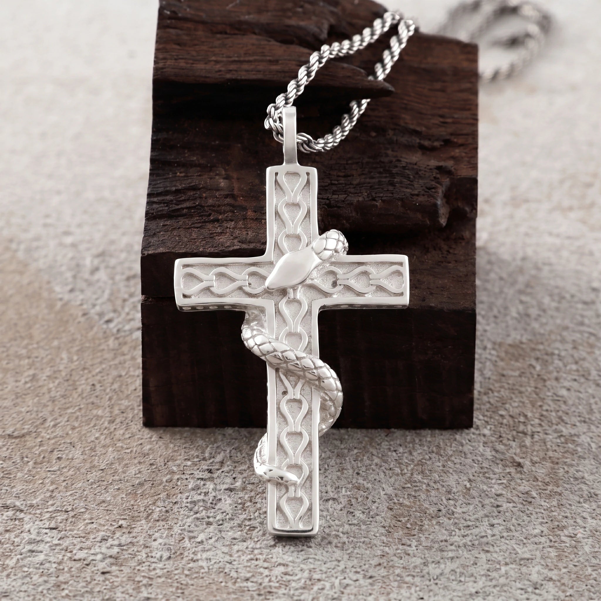 925 Sterling Silver Holy Snake Cross Durable Spiritual Faith Pendant Necklace