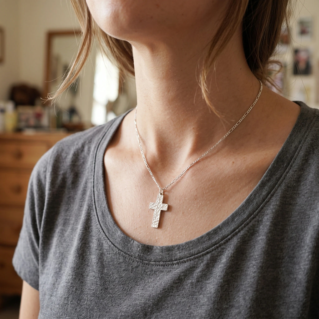 925 Sterling Silver Hammered Holy Cross Durable Custom Engravable Faith Pendant Necklace