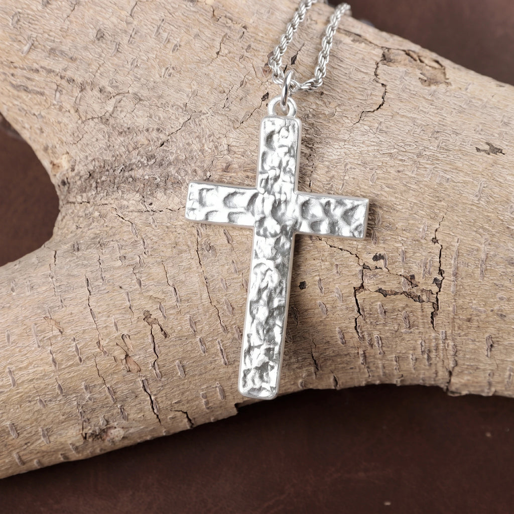 925 Sterling Silver Hammered Cross Durable Faith Pendant Necklace Gift