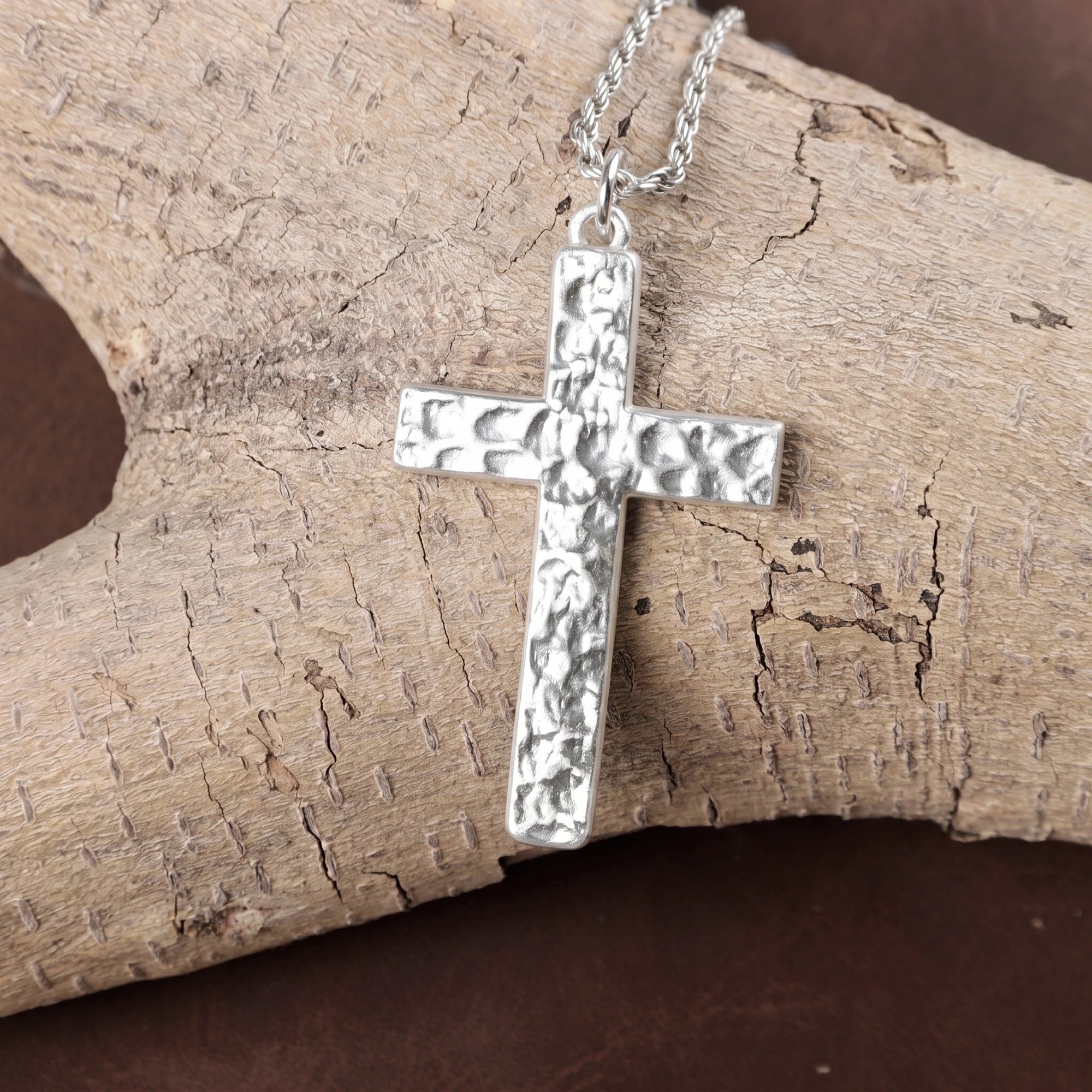 925 Sterling Silver Hammered Cross Durable Faith Pendant Necklace Gift