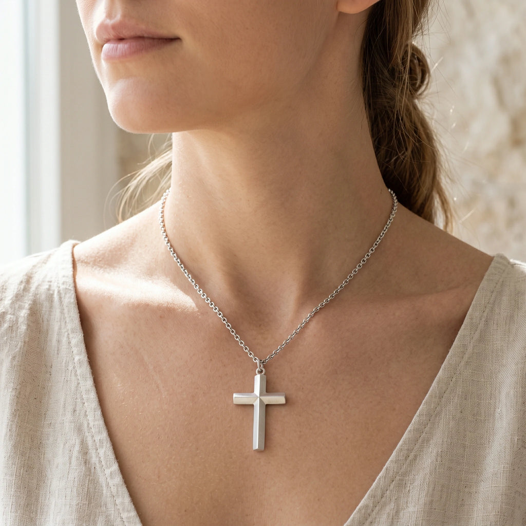 925 Sterling Silver Spiritual Beveled Prism Cross Durable Custom Engravable Necklace