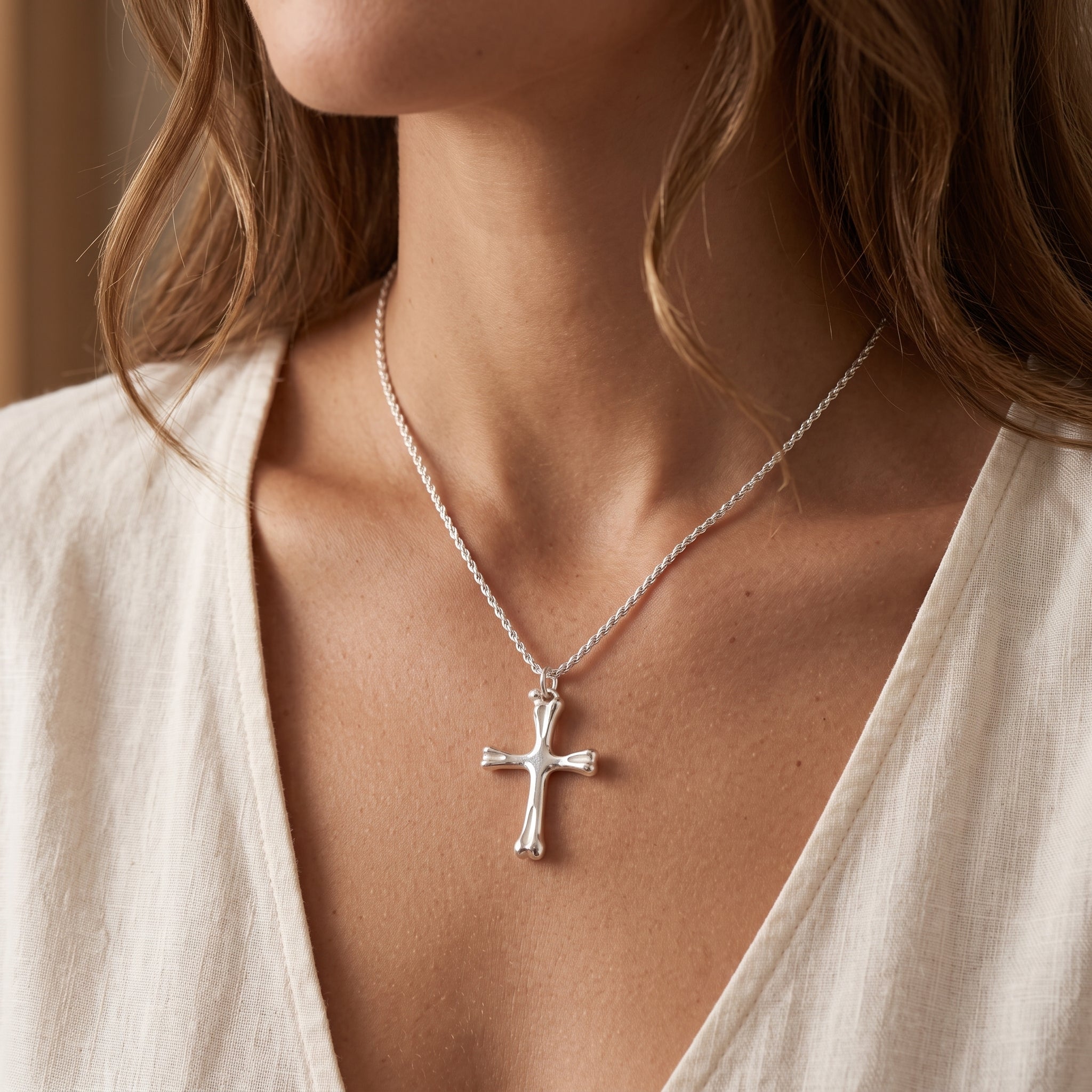 925 Sterling Silver Sculpted Skeletal Cross Durable Religious Pendant Necklace