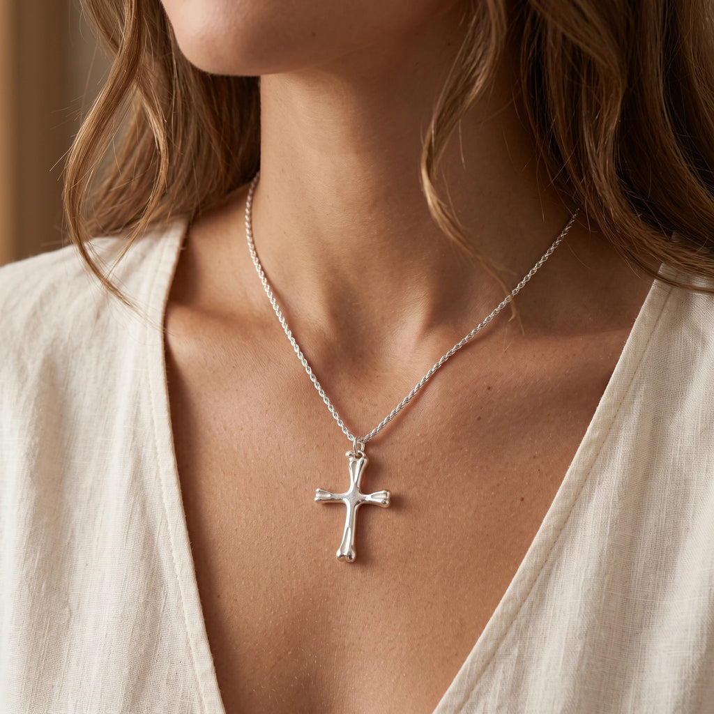 925 Sterling Silver Sculpted Skeletal Cross Durable Religious Pendant Necklace