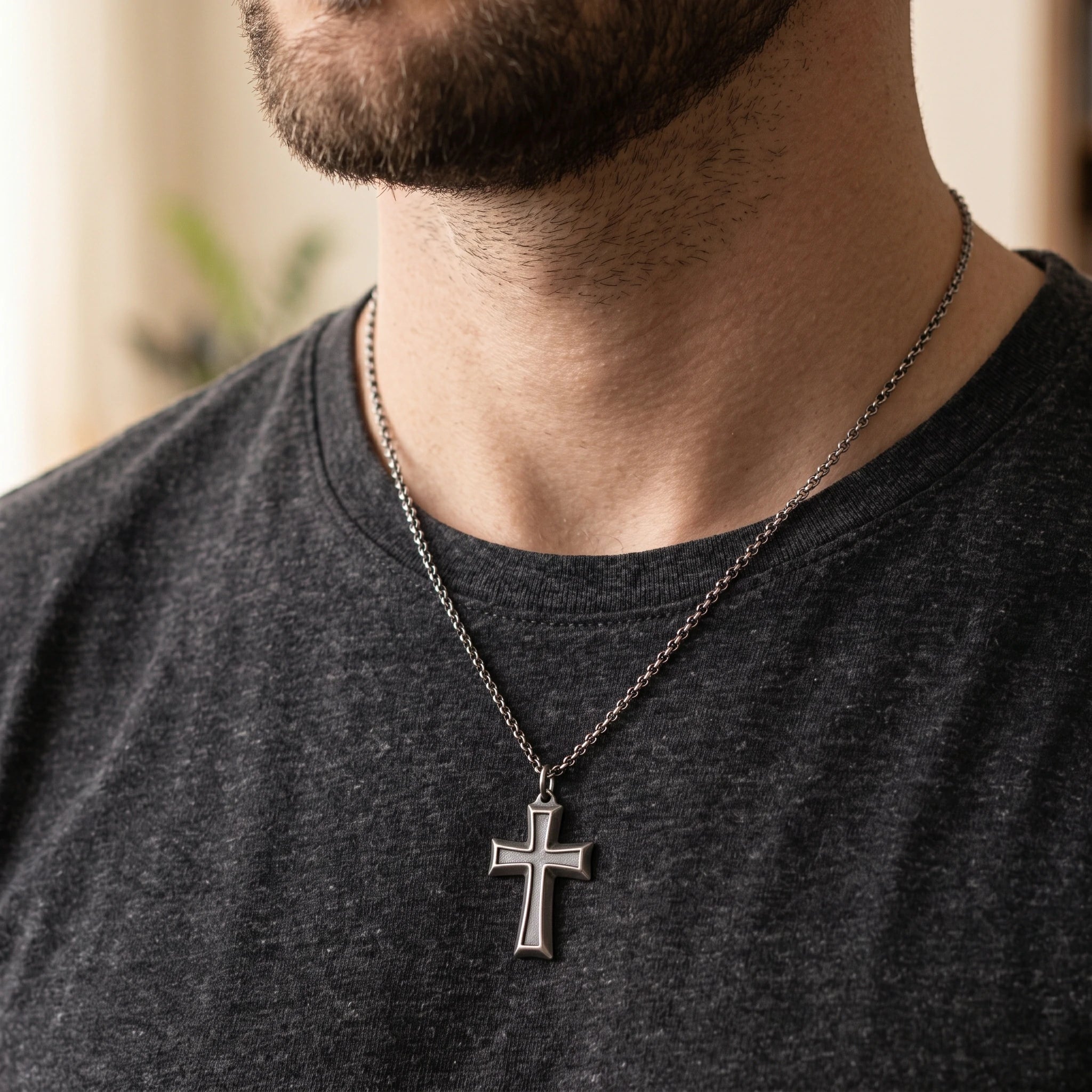 925 Sterling Silver Layered Beveled Cross Durable Custom Engravable Pendant