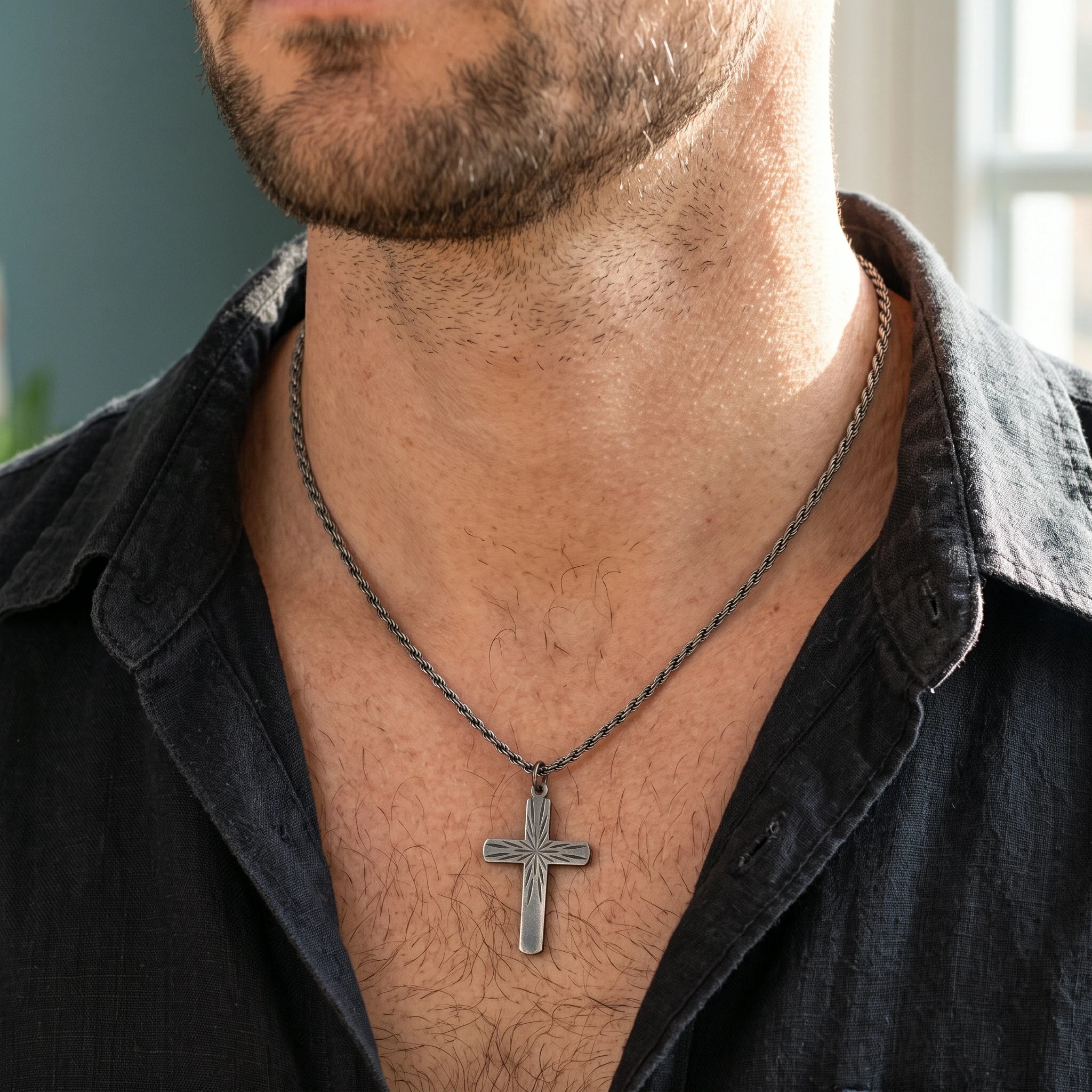 925 Sterling Silver Sunburst Cross Durable Custom Engravable Pendant Necklace