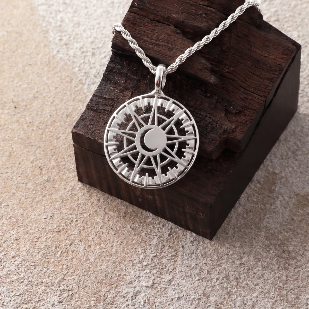 925 Sterling Silver Sun and Moon Pendant Necklace, Celestial Compass Astrolabe Jewelry