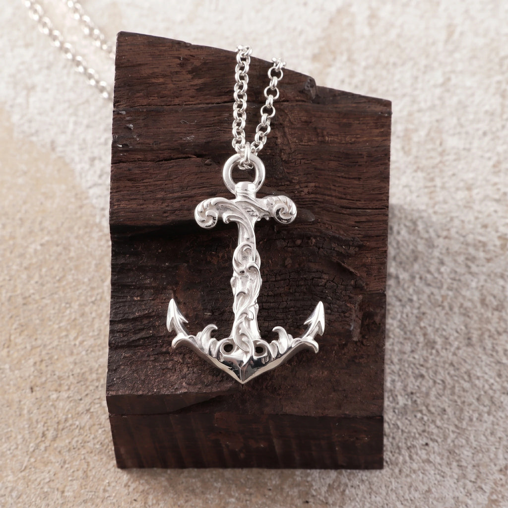 925 Sterling Silver Vintage Anchor Pendant Necklace, Baroque Nautical Sailor Charm Jewelry