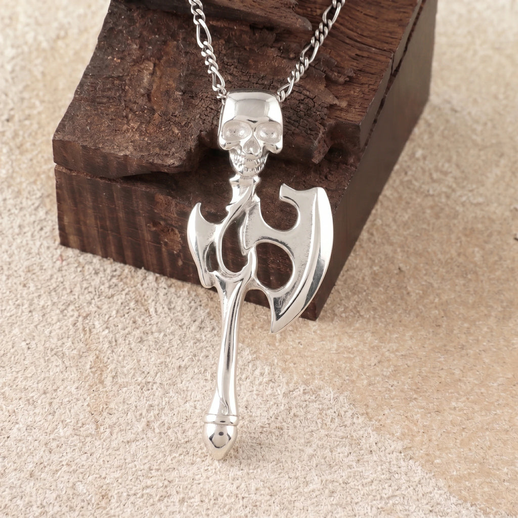 925 Sterling Silver Gothic Skull Battle Axe Durable Viking Warrior Pendant