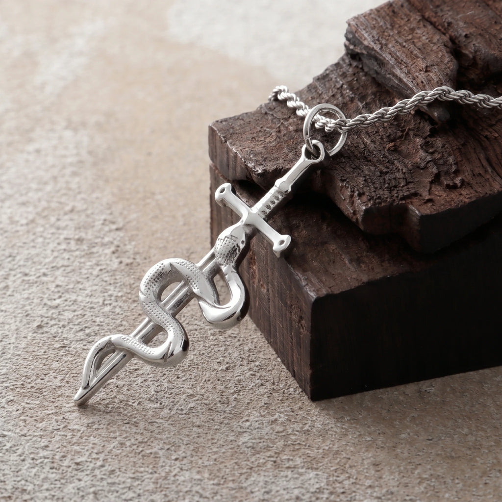925 Sterling Silver Vintage Durable Snake and Sword Pendant Necklace