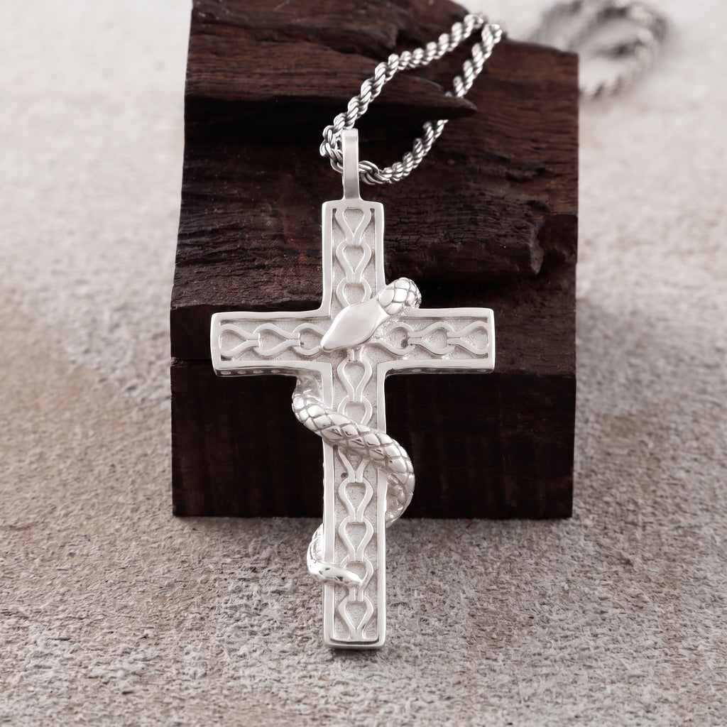 925 Sterling Silver Holy Snake Cross Durable Spiritual Faith Pendant Necklace