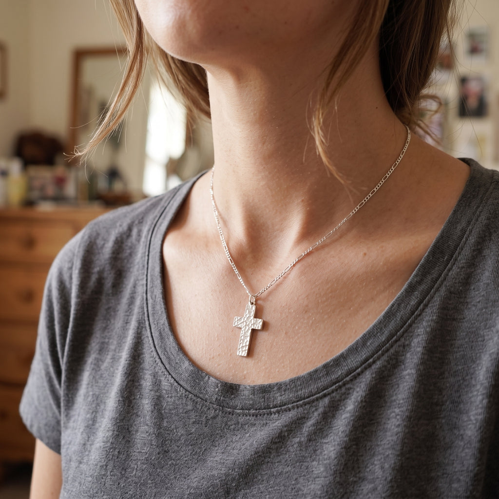 925 Sterling Silver Hammered Holy Cross Durable Custom Engravable Faith Pendant Necklace