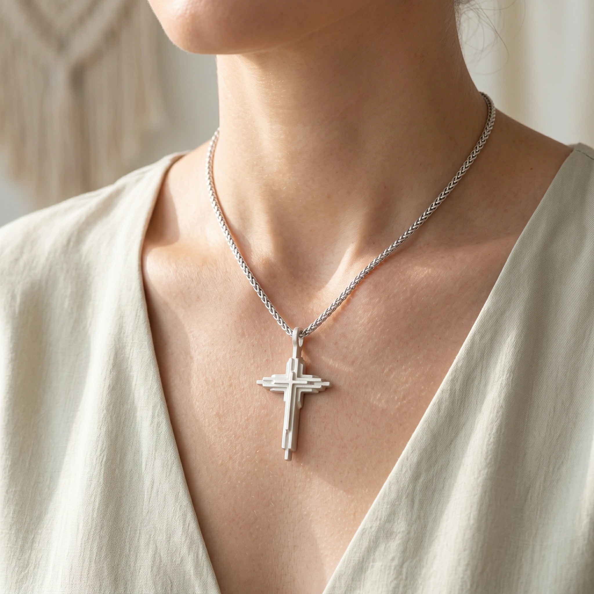 Engraved 925 Sterling Silver Layered Cross Necklace for Sacred Faith & Protection