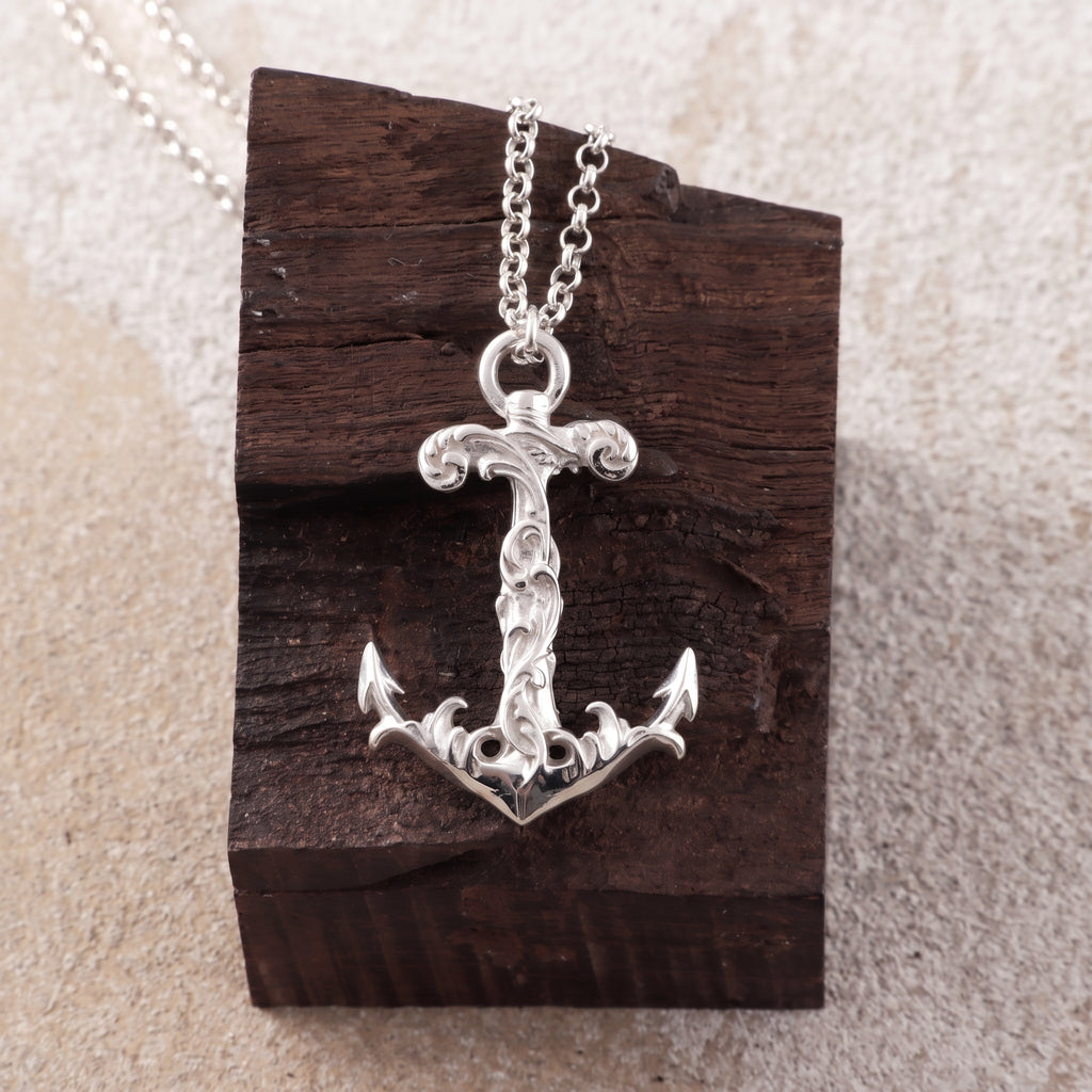 925 Sterling Silver Vintage Anchor Pendant Necklace, Baroque Nautical Sailor Charm Jewelry