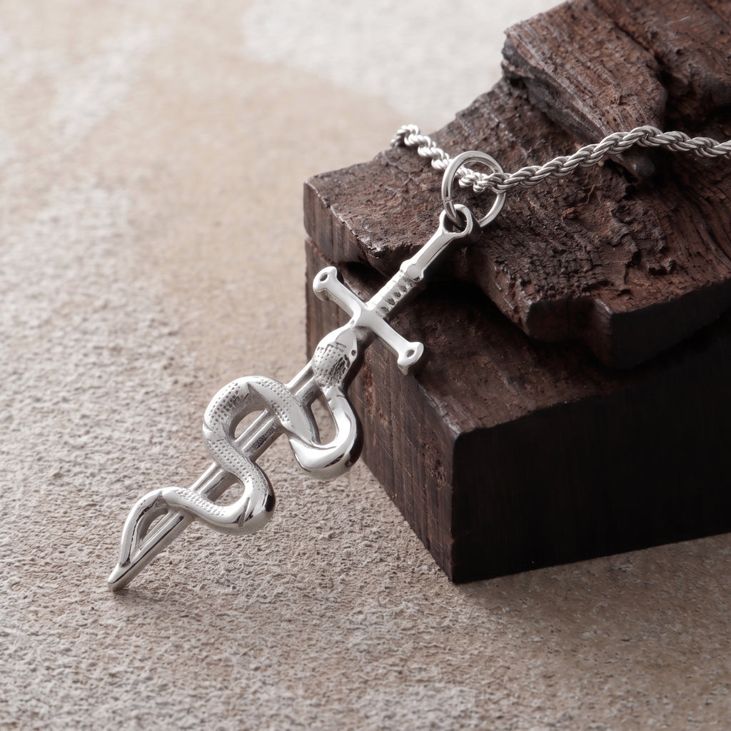 925 Sterling Silver Vintage Durable Snake and Sword Pendant Necklace