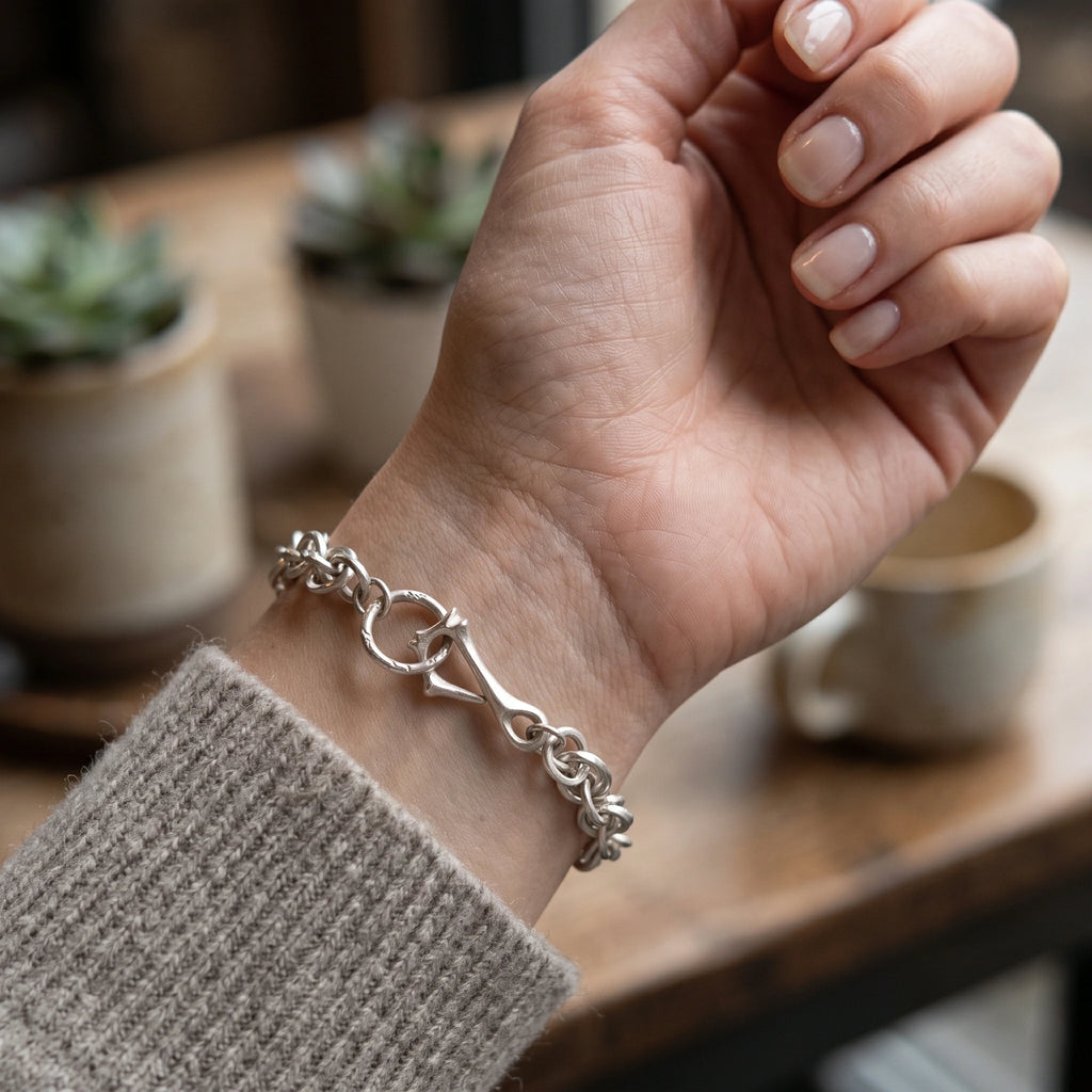 Rustic 925 Sterling Silver Heavy Loop Chain Bracelet with Artisan Bone Clasp