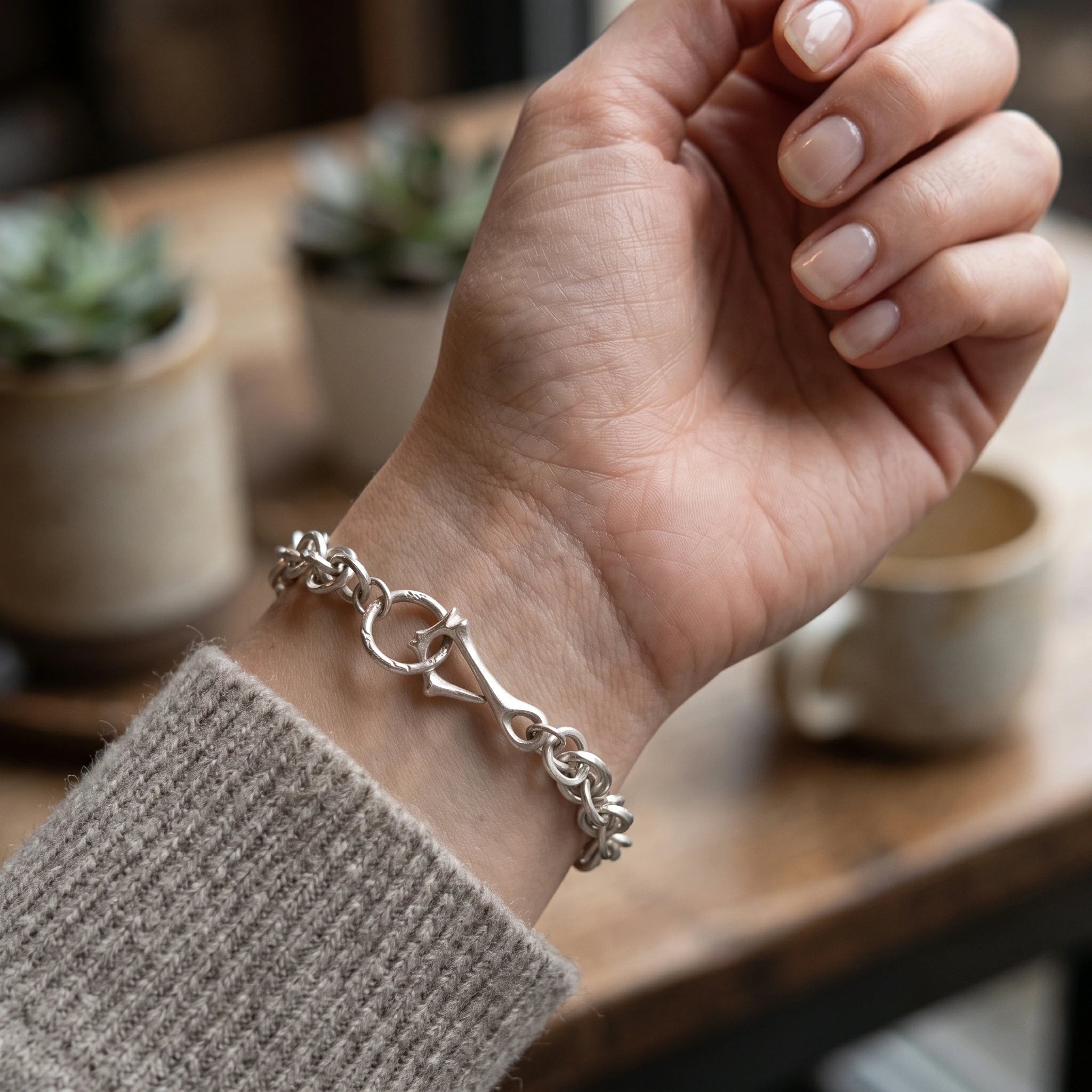 Rustic 925 Sterling Silver Heavy Loop Chain Bracelet with Artisan Bone Clasp