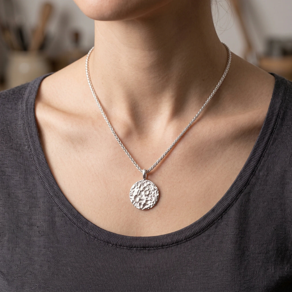 925 Sterling Silver Engravable Lunar Surface Moon Pendant With Cosmic Textured Edge