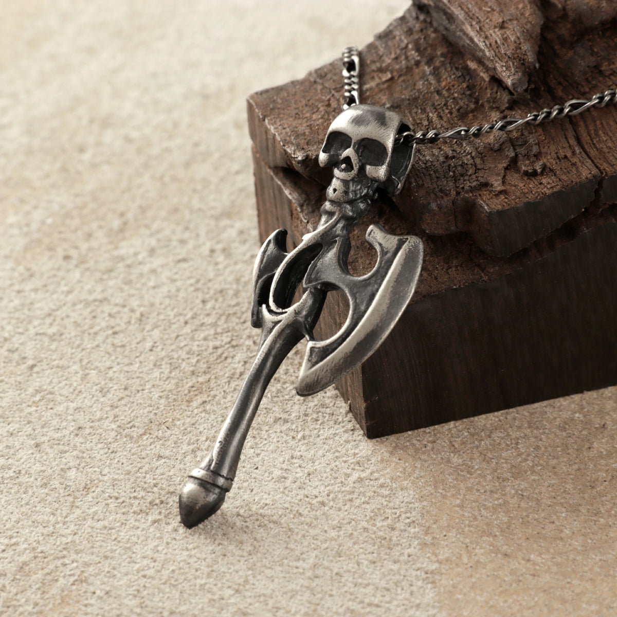 925 Sterling Silver Gothic Skull Battle Axe Durable Viking Warrior Pendant